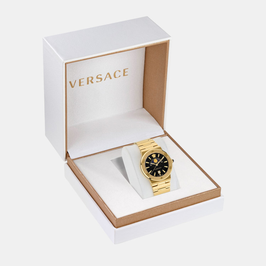 Greca Logo Moonphase Unisex Quartz Black Dial Analog Stainless Steel Watch VE7G00323