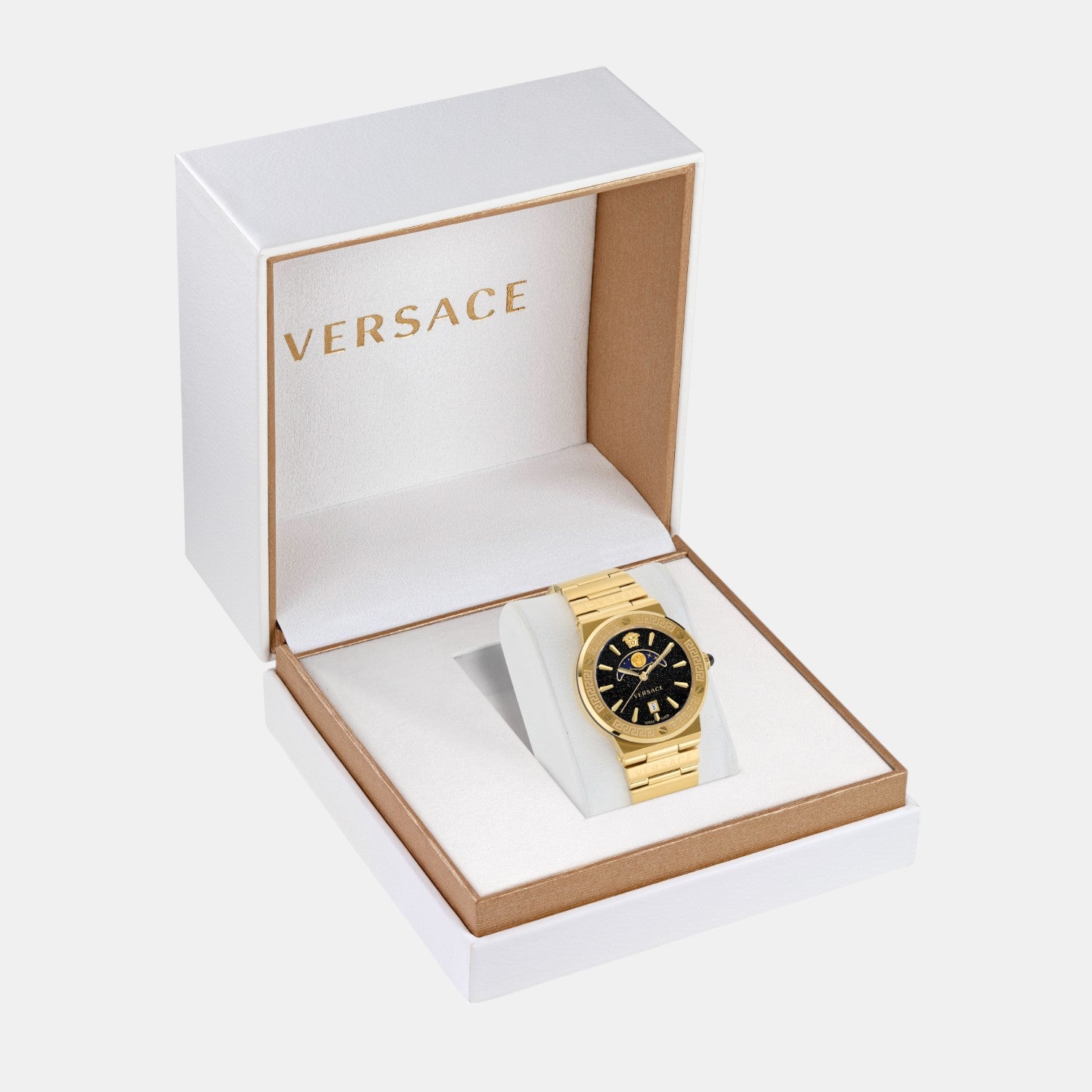 Greca Logo Moonphase Unisex Quartz Black Dial Analog Stainless Steel Watch VE7G00323