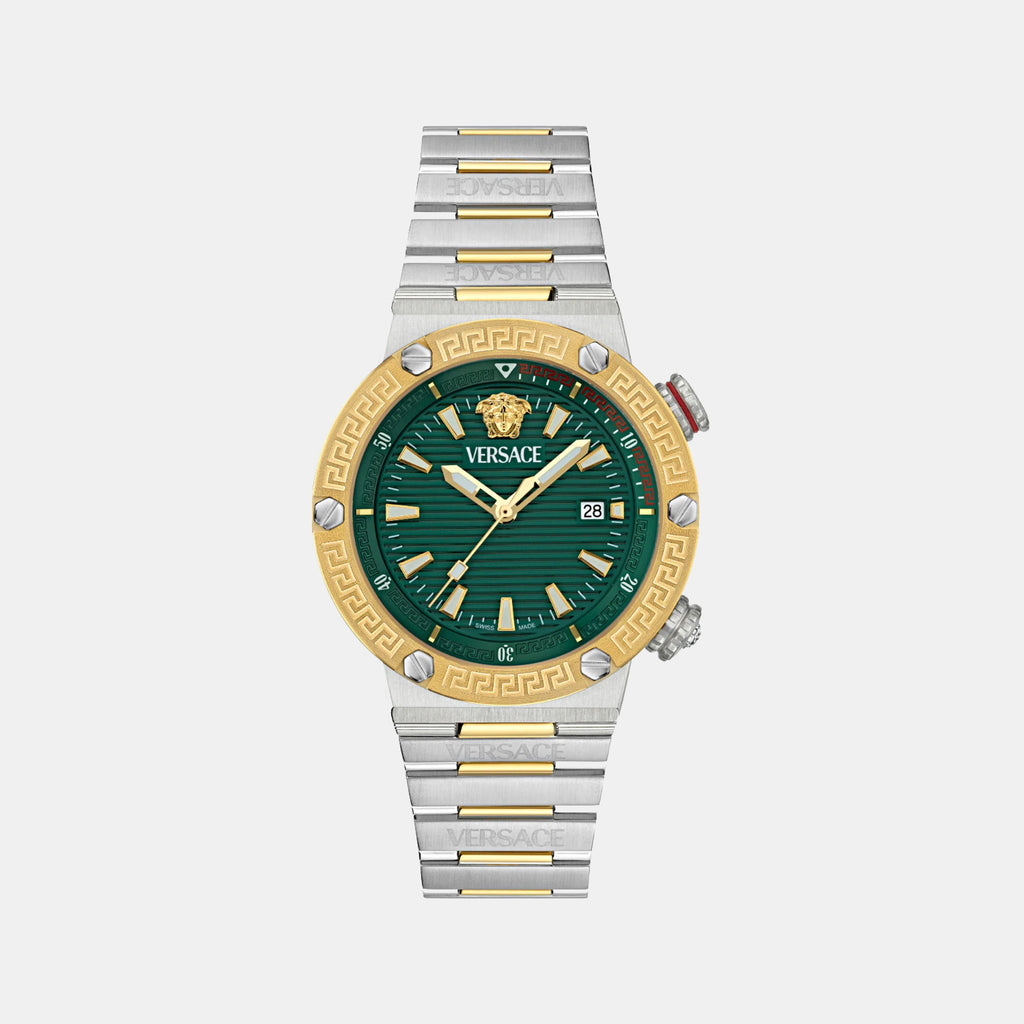 Greca Logo Diver Men Quartz Green Dial Analog Stainless Steel Watch VE8G00524
