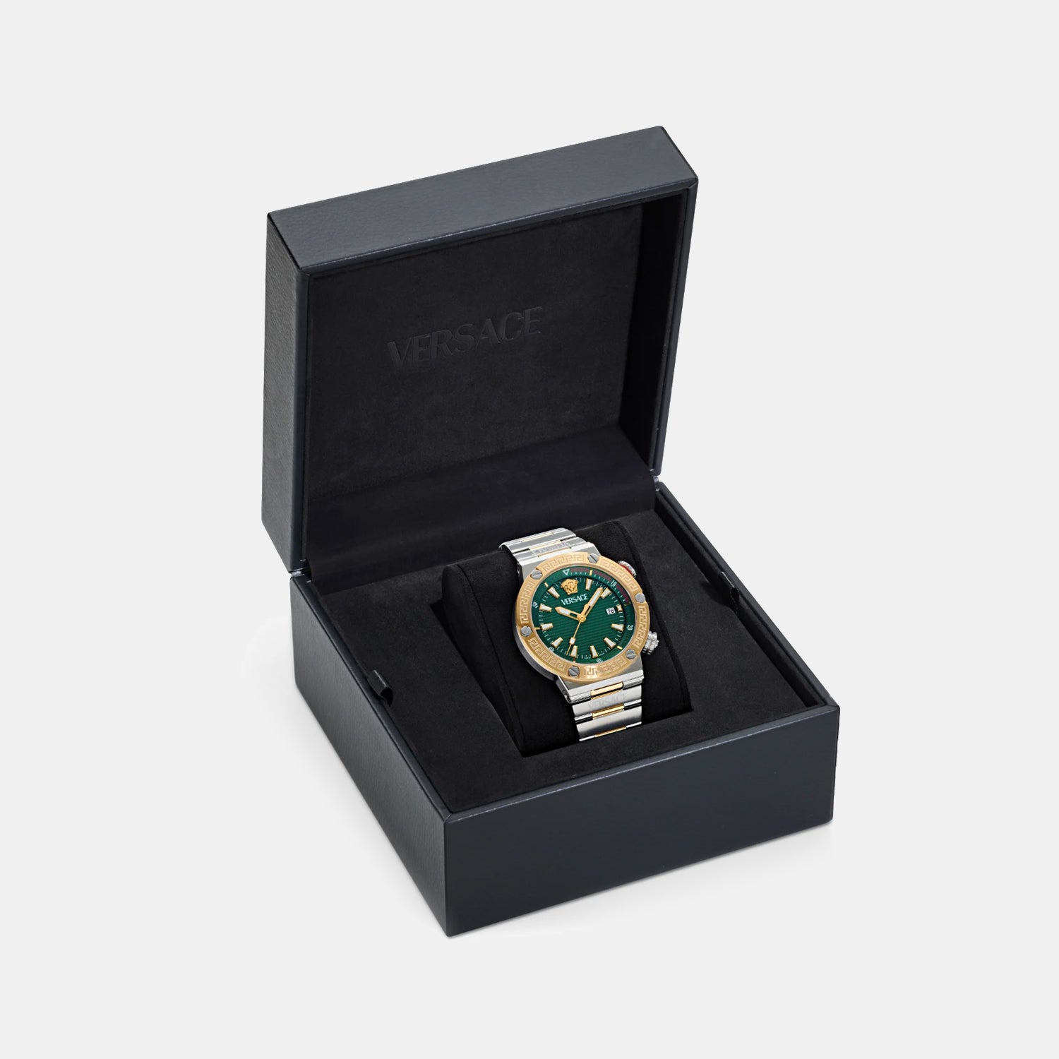 Greca Logo Diver Men Quartz Green Dial Analog Stainless Steel Watch VE8G00524