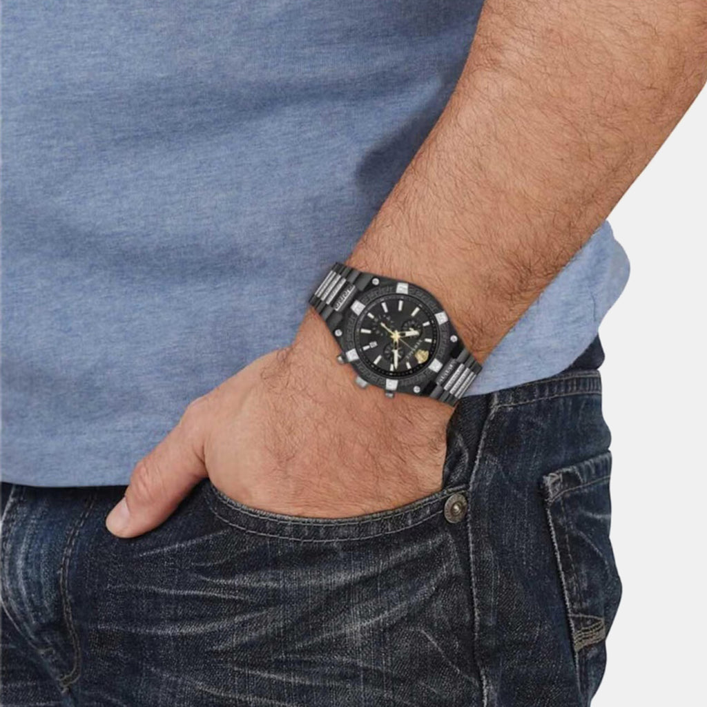 Men Quartz Black Dial Chronograph Stainless Steel Watch VESO01022