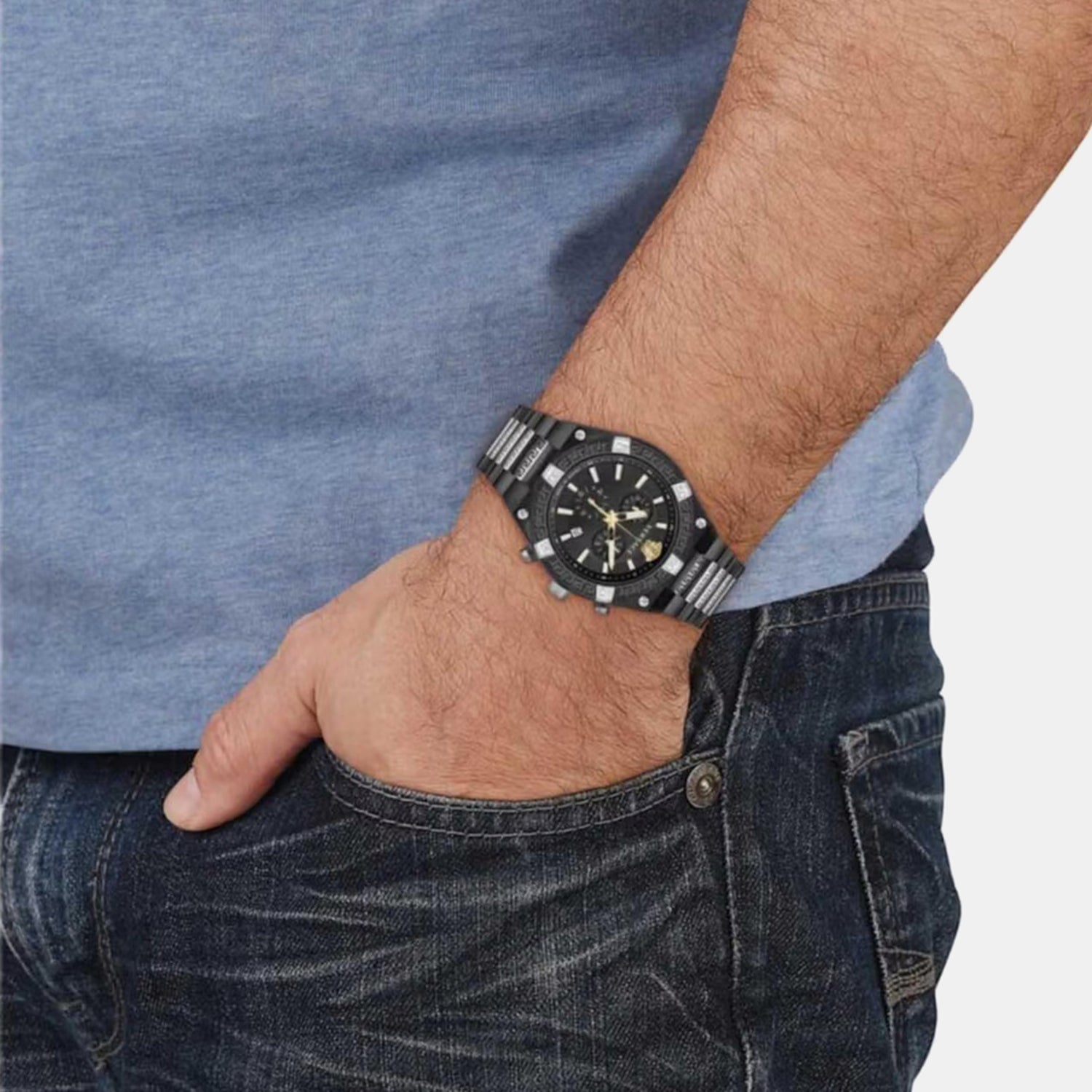 Men Quartz Black Dial Chronograph Stainless Steel Watch VESO01022