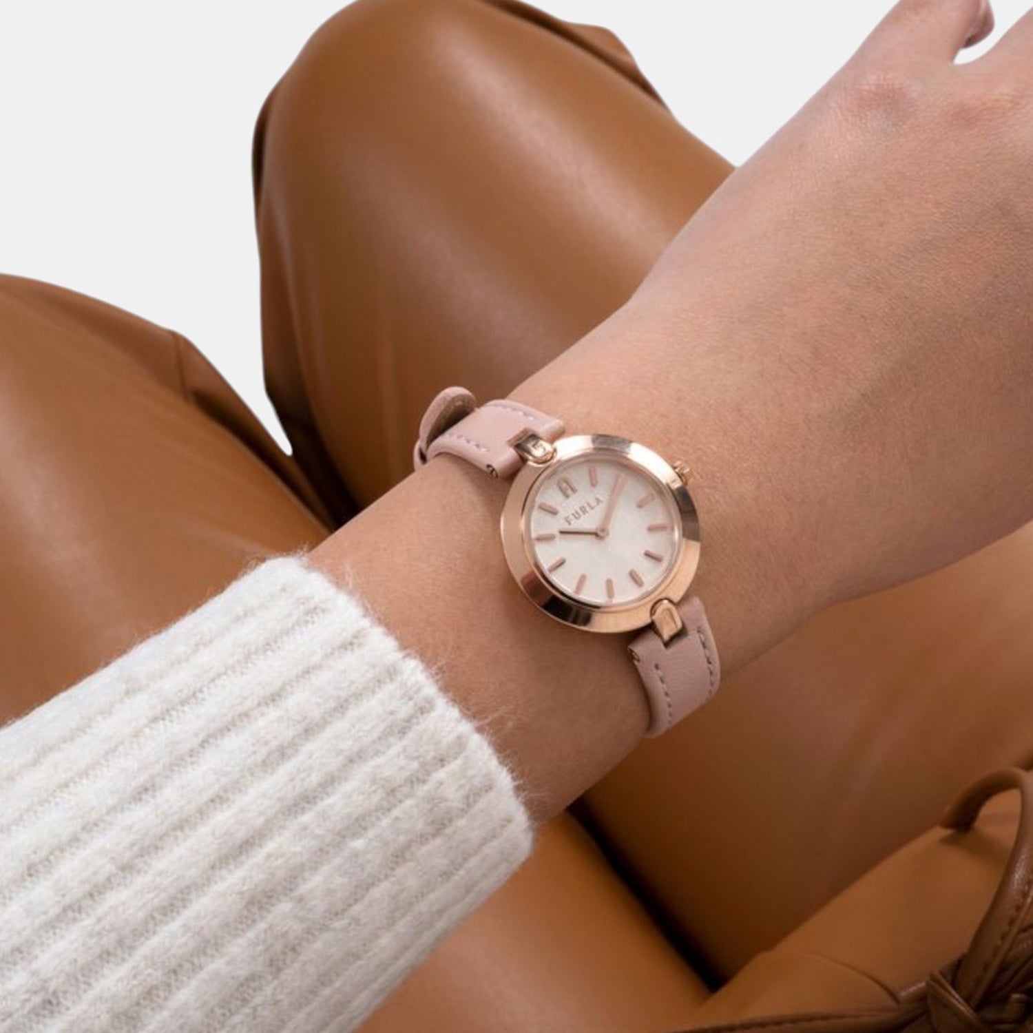 Furla Logo Links Women Quartz Silver Dial Analog Leather Watch WW00006003L3