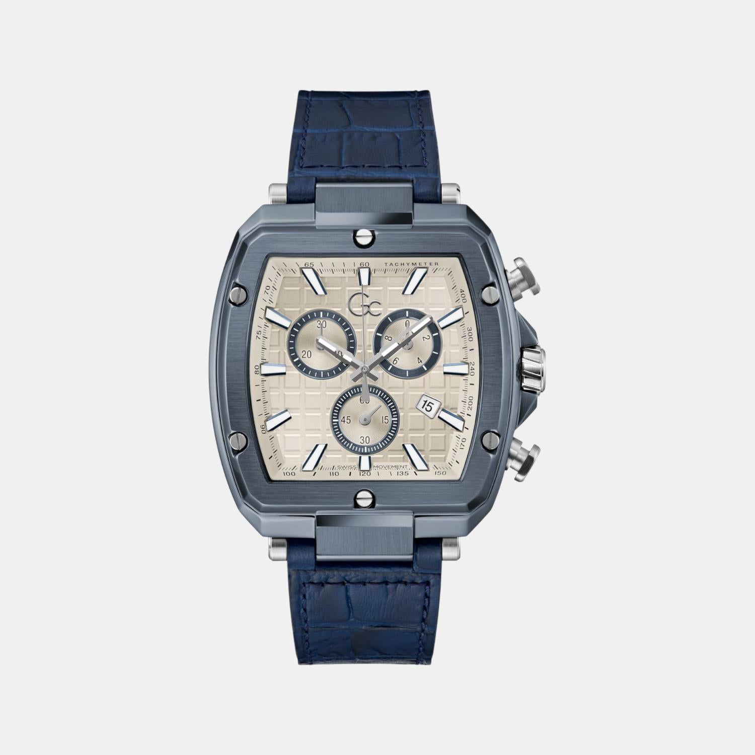 Spirit Tonneau Men Quartz Beige Dial Chronograph Flexstrap Leather Watch Y83013G1