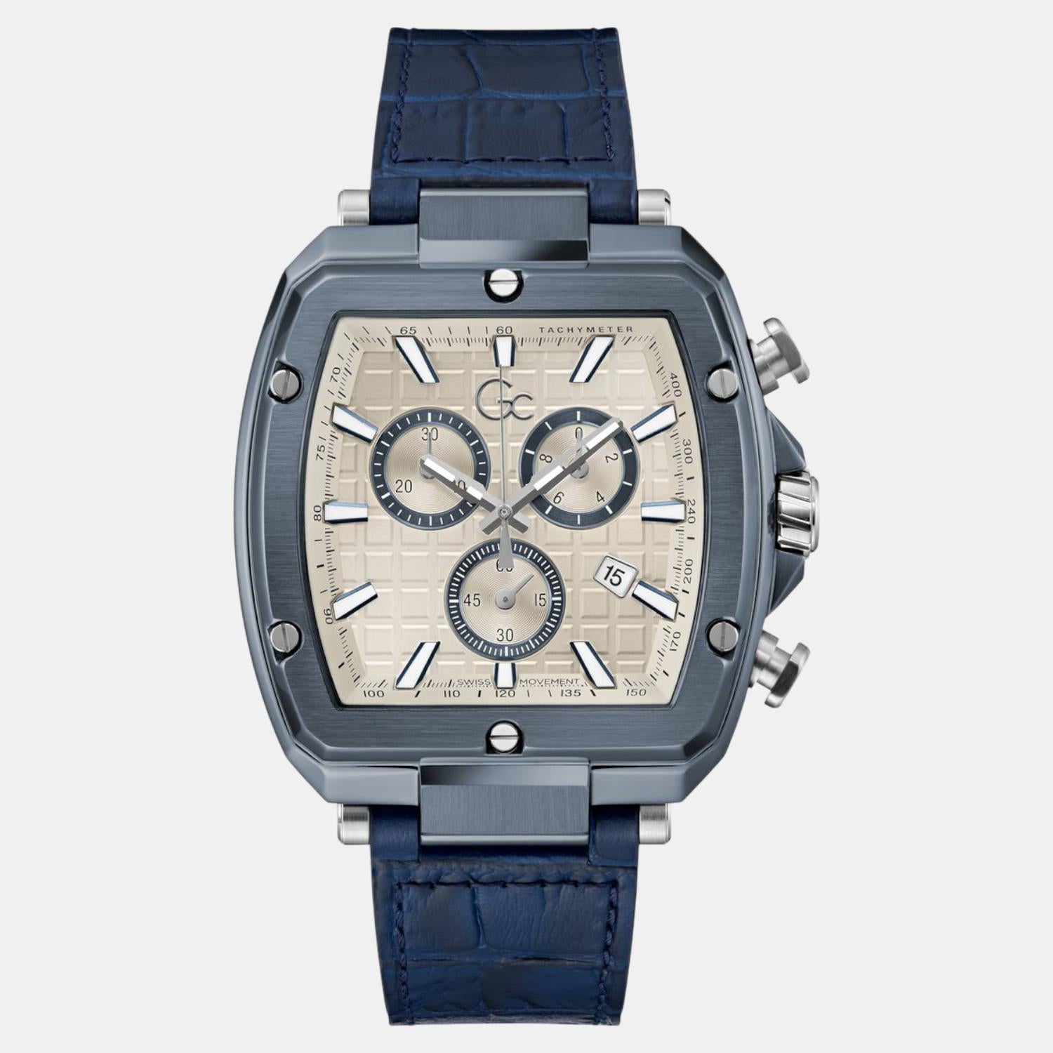 Spirit Tonneau Men Quartz Beige Dial Chronograph Flexstrap Leather Watch Y83013G1