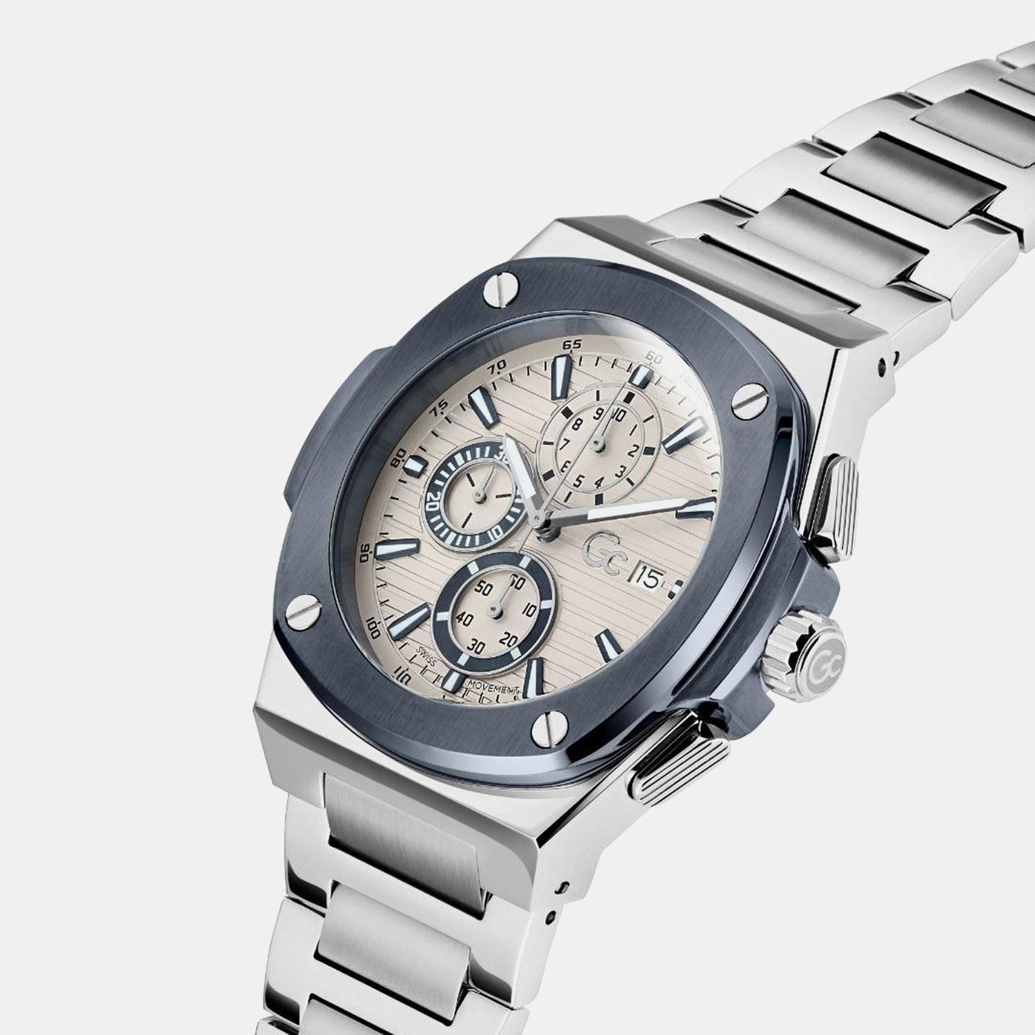 Coussin Shape Men Quartz Beige Dial Chronograph Stainless Steel Watch Y99023G1