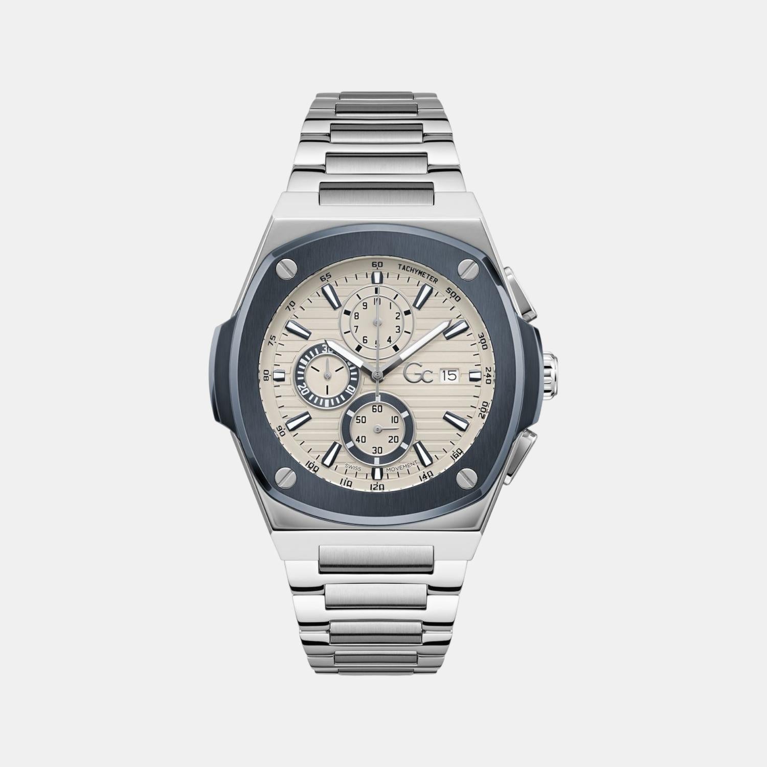 Coussin Shape Men Quartz Beige Dial Chronograph Stainless Steel Watch Y99023G1