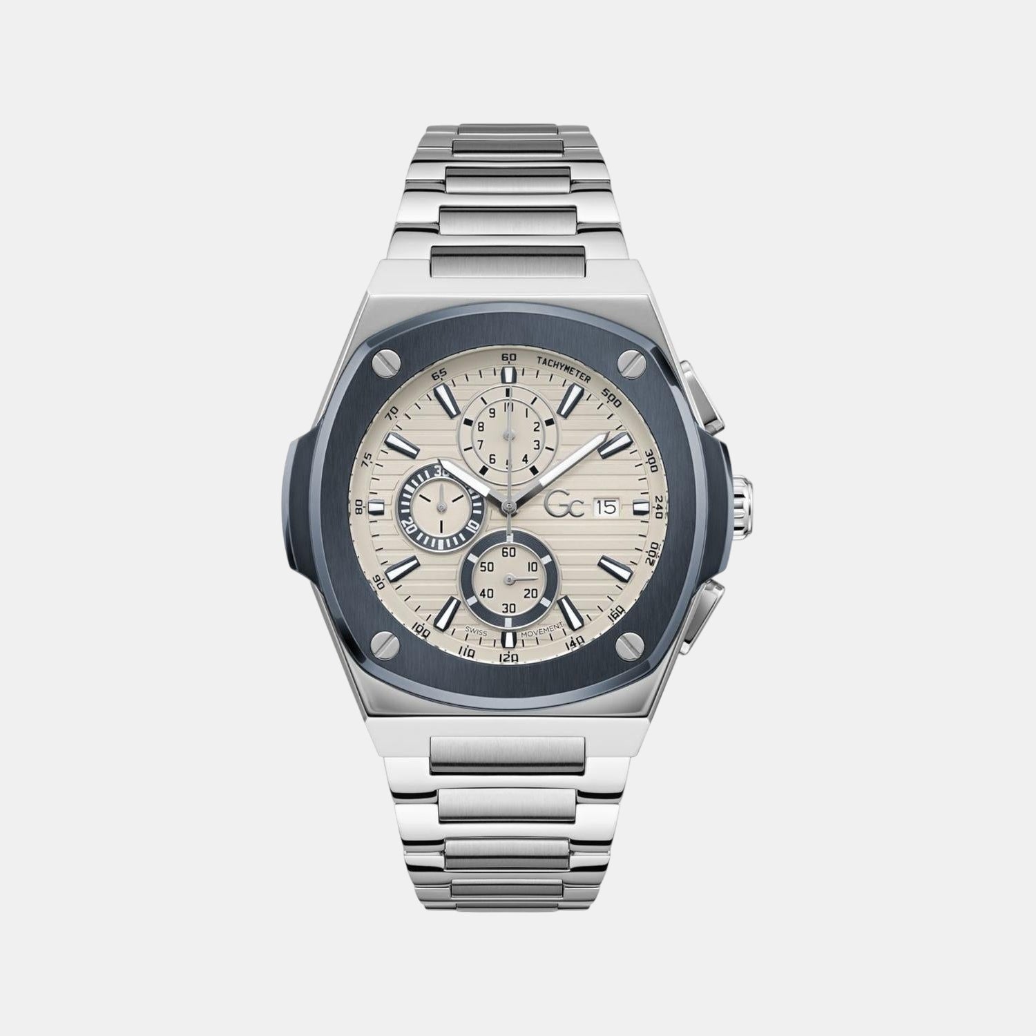 Coussin Shape Men Quartz Beige Dial Chronograph Stainless Steel Watch Y99023G1