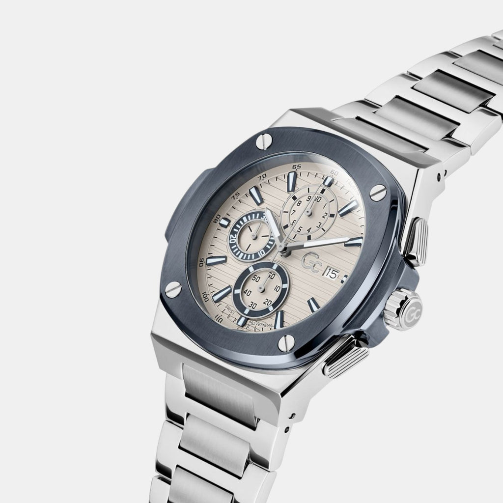 Coussin Shape Men Quartz Beige Dial Chronograph Stainless Steel Watch Y99023G1