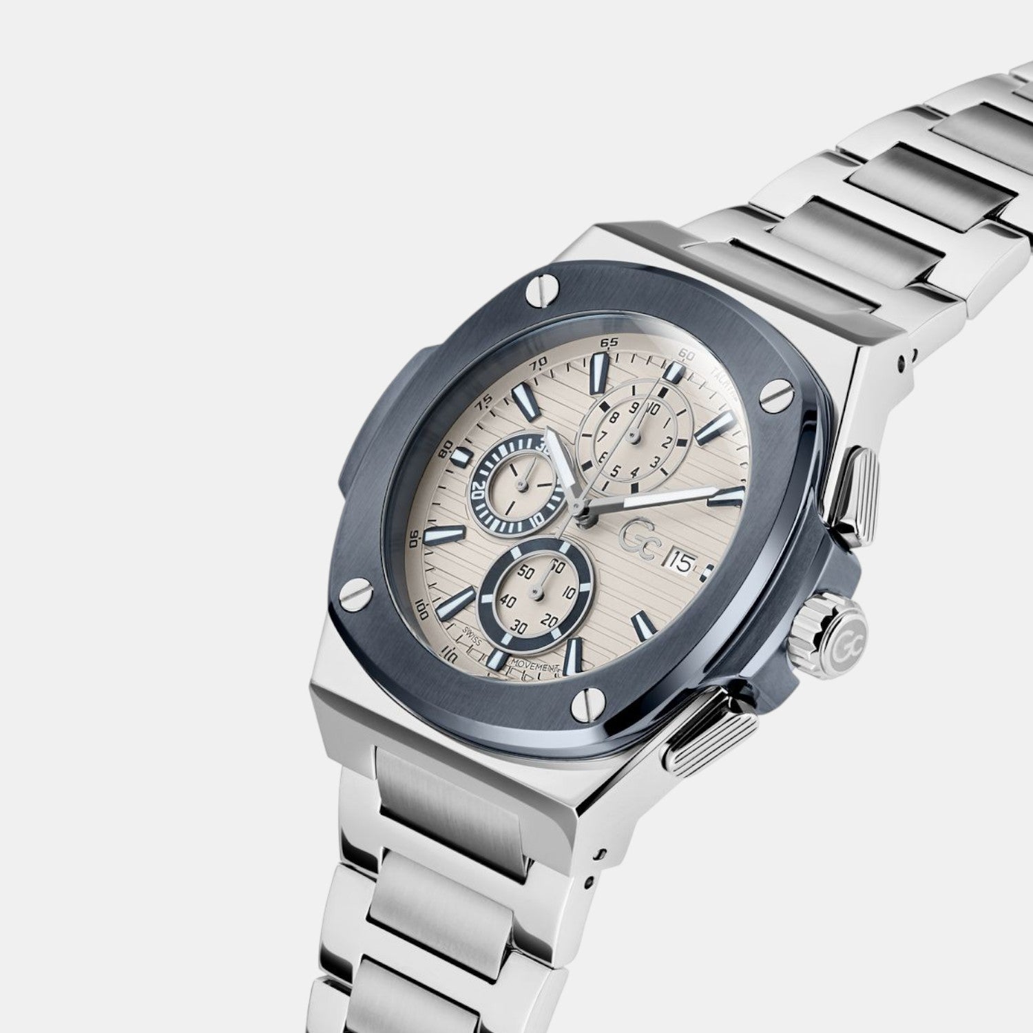 Coussin Shape Men Quartz Beige Dial Chronograph Stainless Steel Watch Y99023G1