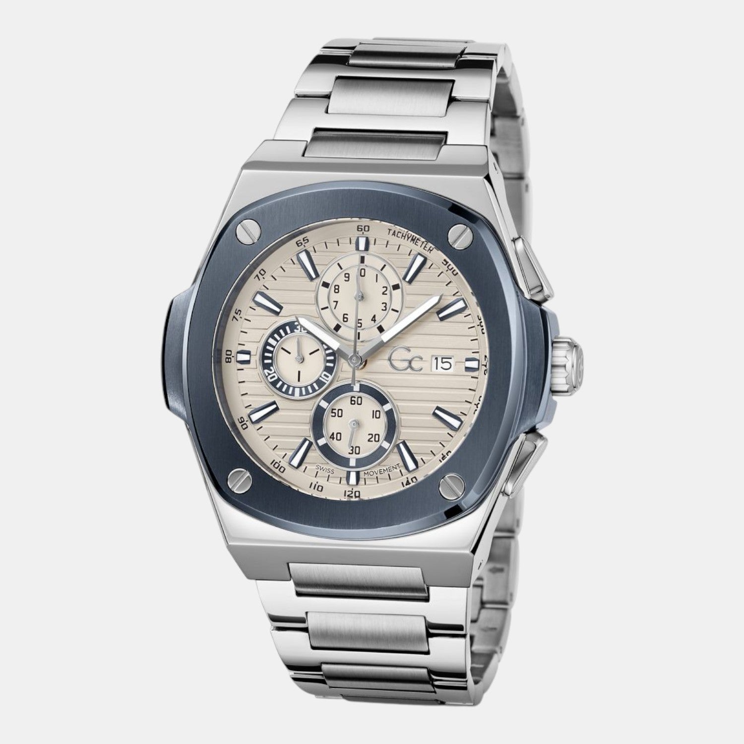 Coussin Shape Men Quartz Beige Dial Chronograph Stainless Steel Watch Y99023G1