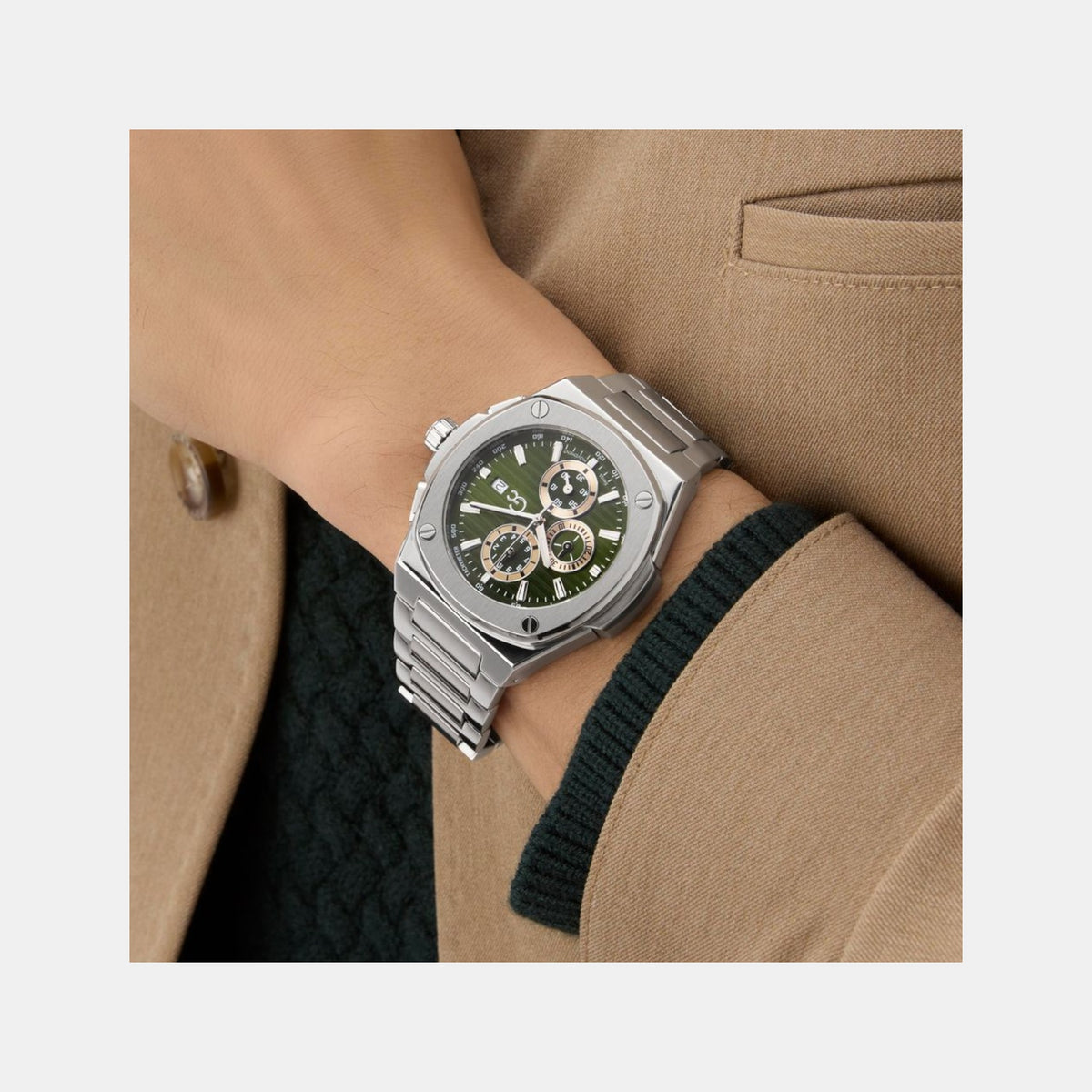Coussin Men Quartz Green Dial Chronograph Stainless Steel Watch Y99024G9