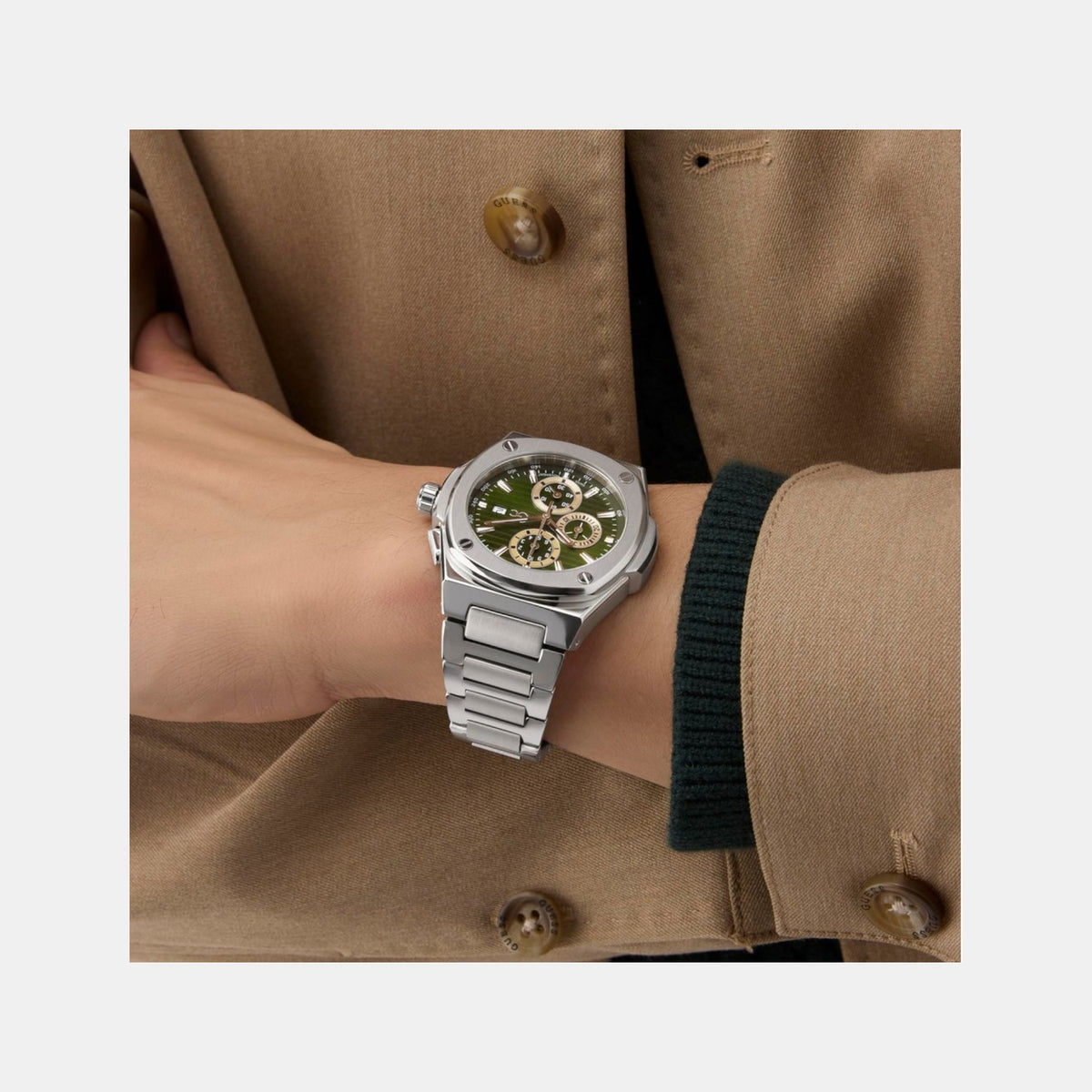 Coussin Men Quartz Green Dial Chronograph Stainless Steel Watch Y99024G9
