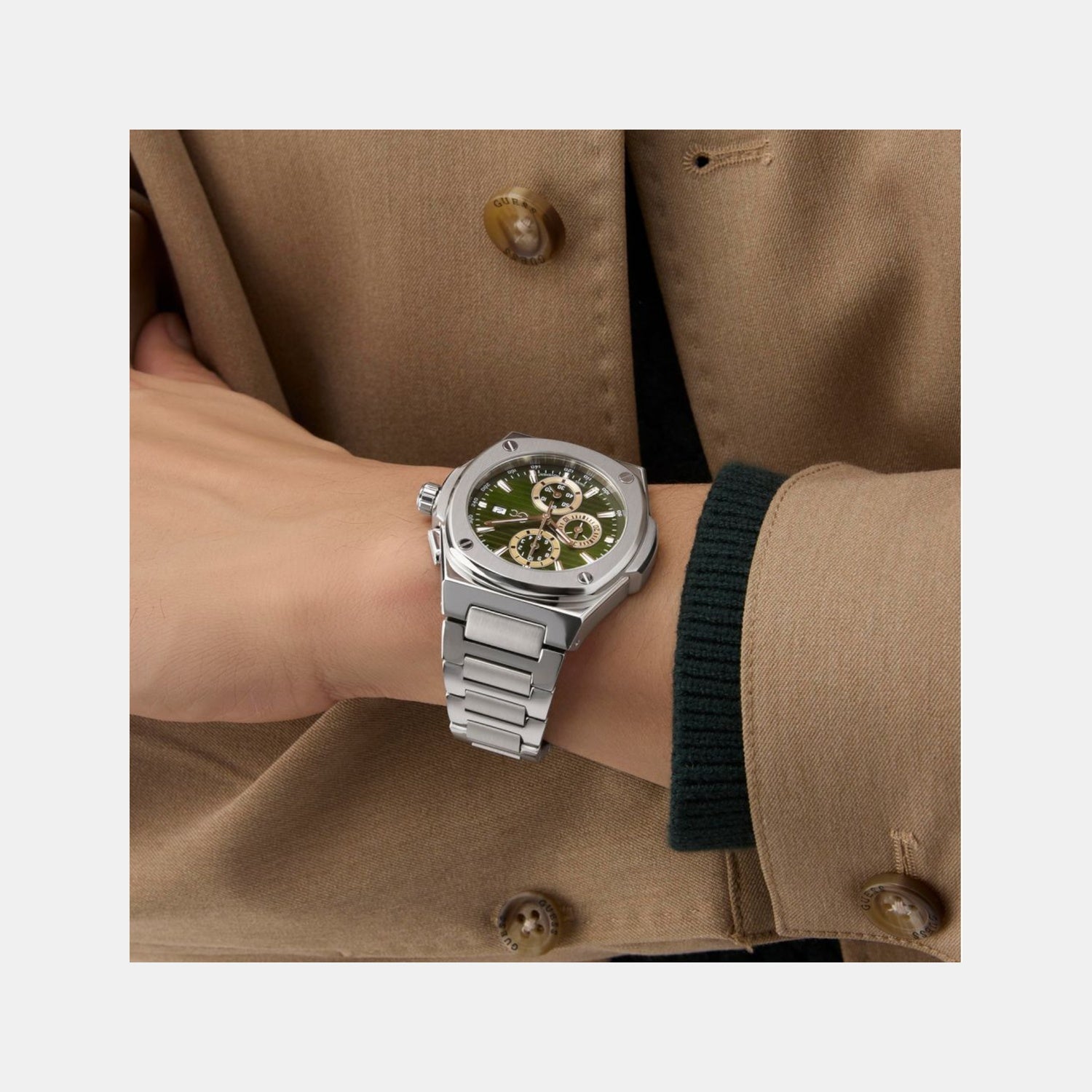 Sportchic Men Quartz Green Dial Chronograph Stainless Steel Watch Y99024G9