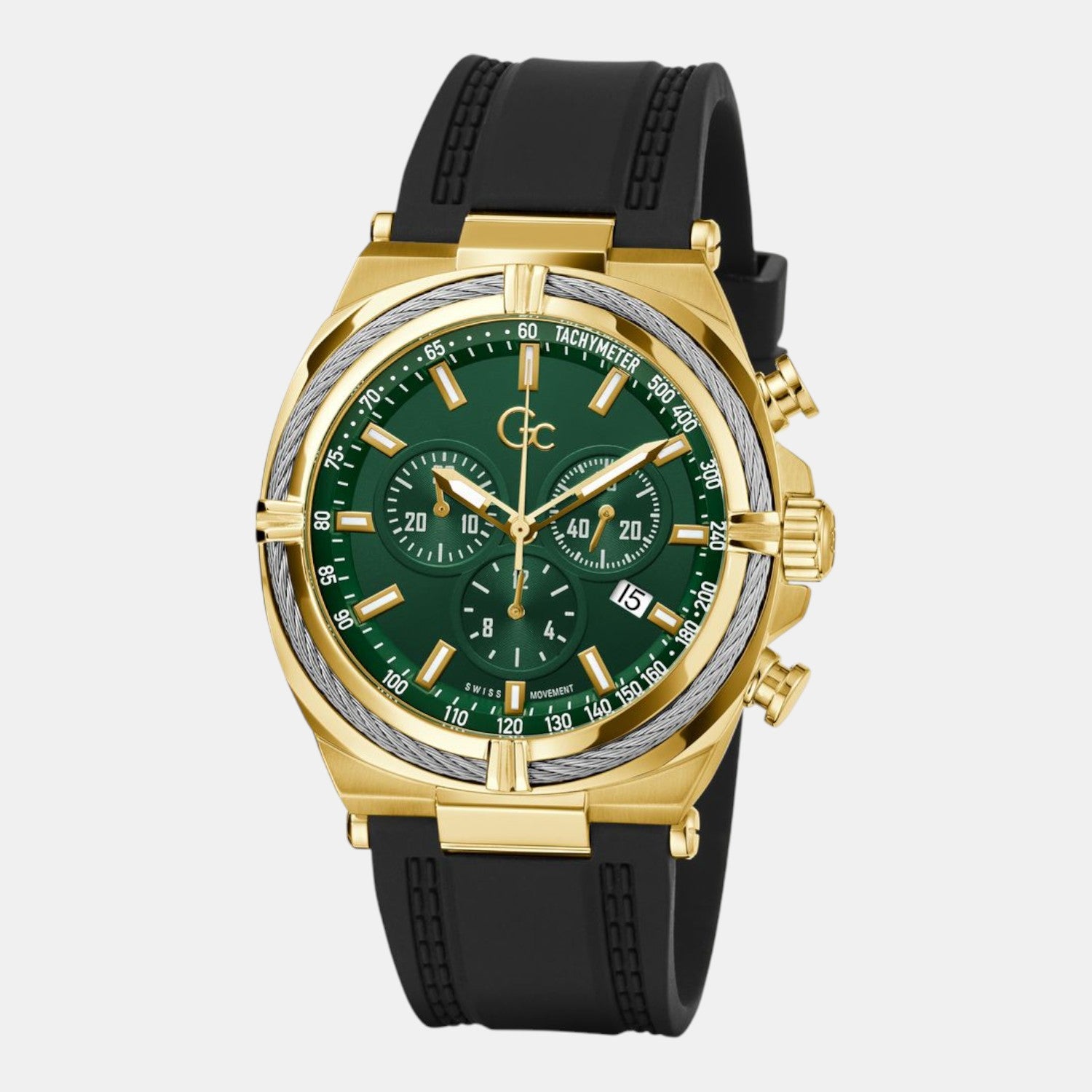 Gc Sportchic Men Quartz Green Dial Chronograph Silicone Watch Z32006G9