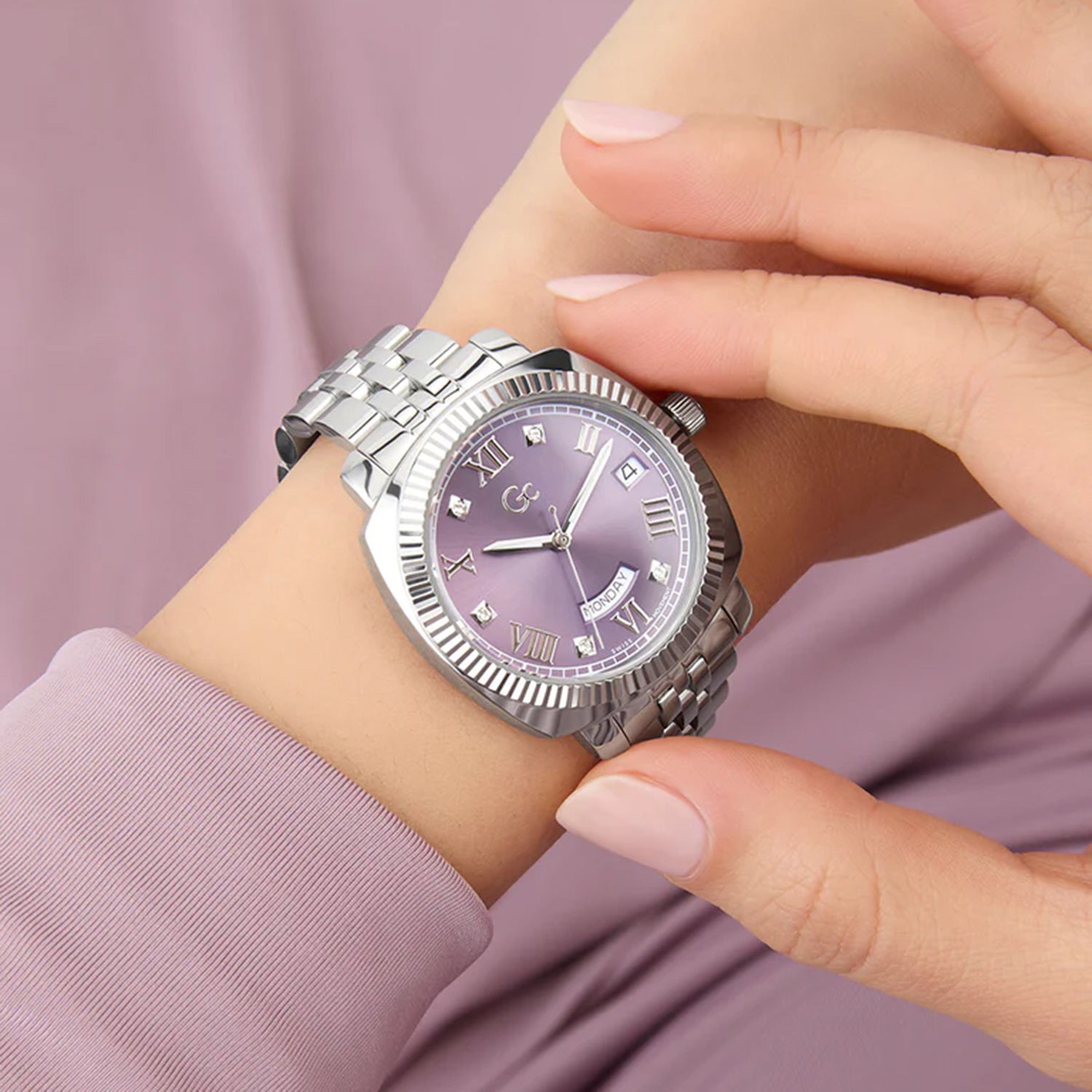Gc Dress Women Quartz Purple Dial Analog Stainless Steel Watch Z44005L3
