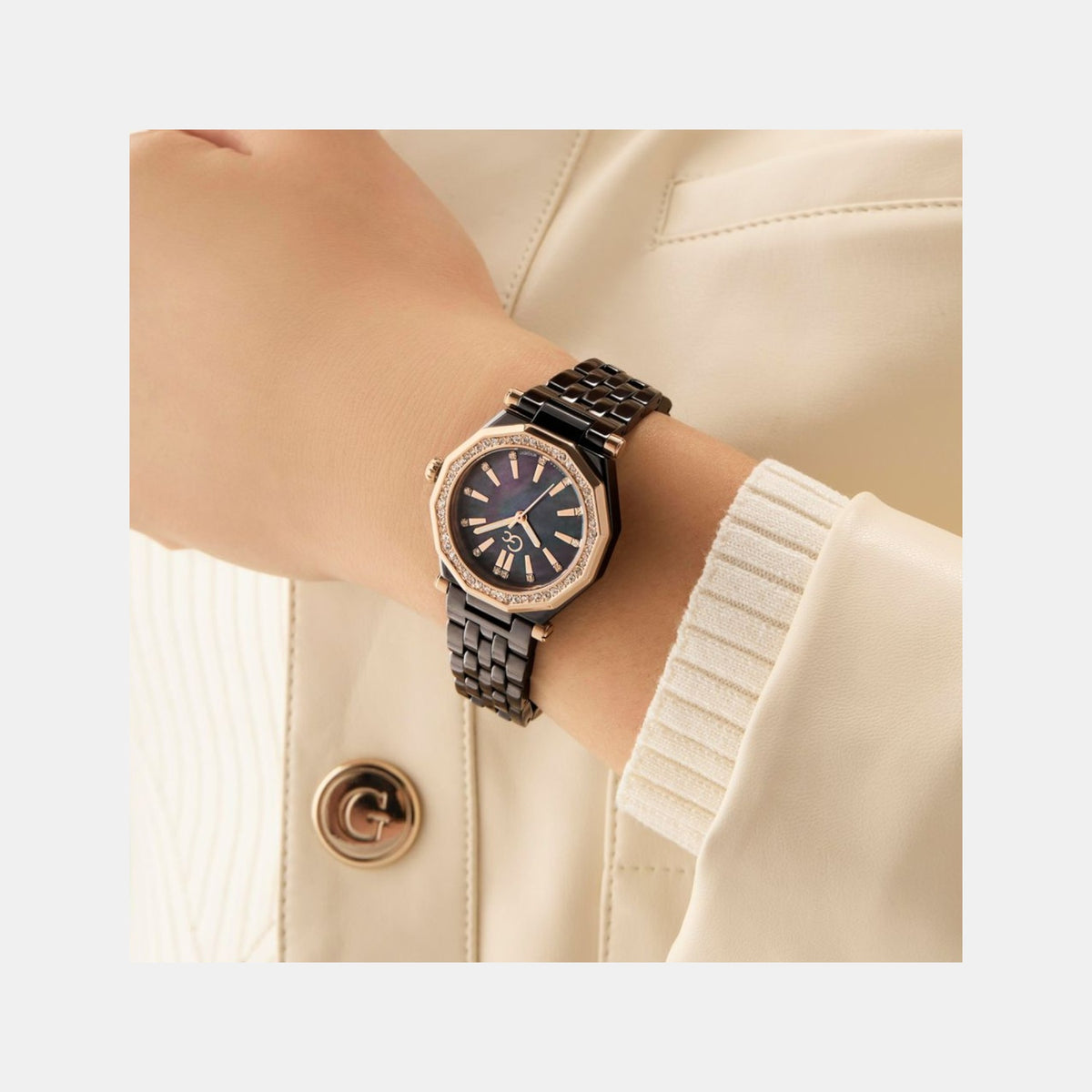 Gleam Women Quartz Black Dial Multi-Function Ceramic Watch Z59002L2