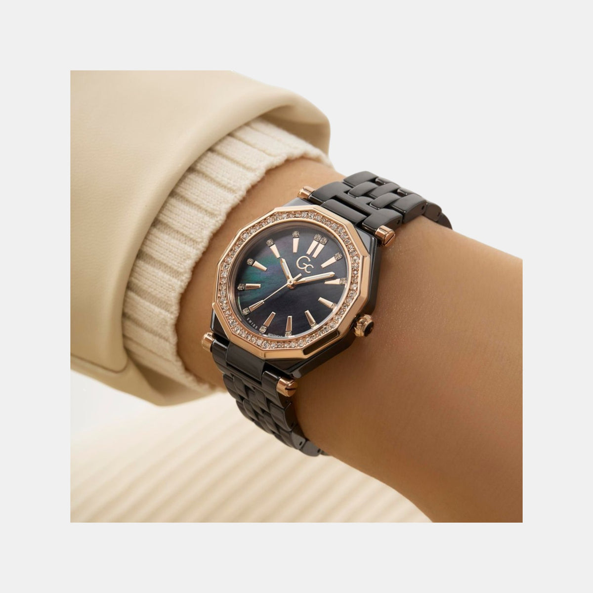 Gleam Women Quartz Black Dial Multi-Function Ceramic Watch Z59002L2