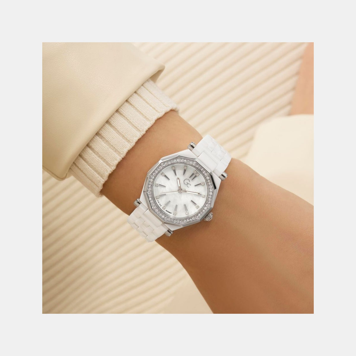 Gleam Women Quartz White Dial Multi-Function Ceramic Watch Z59003L1