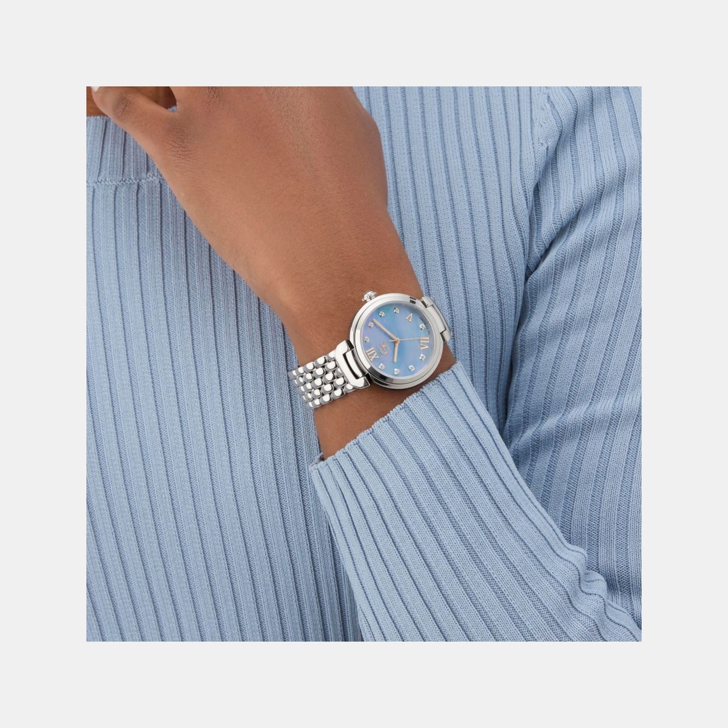 Dress Women Quartz Blue Mother Of Pearl Dial Analog Stainless Steel Watch Z64003L3