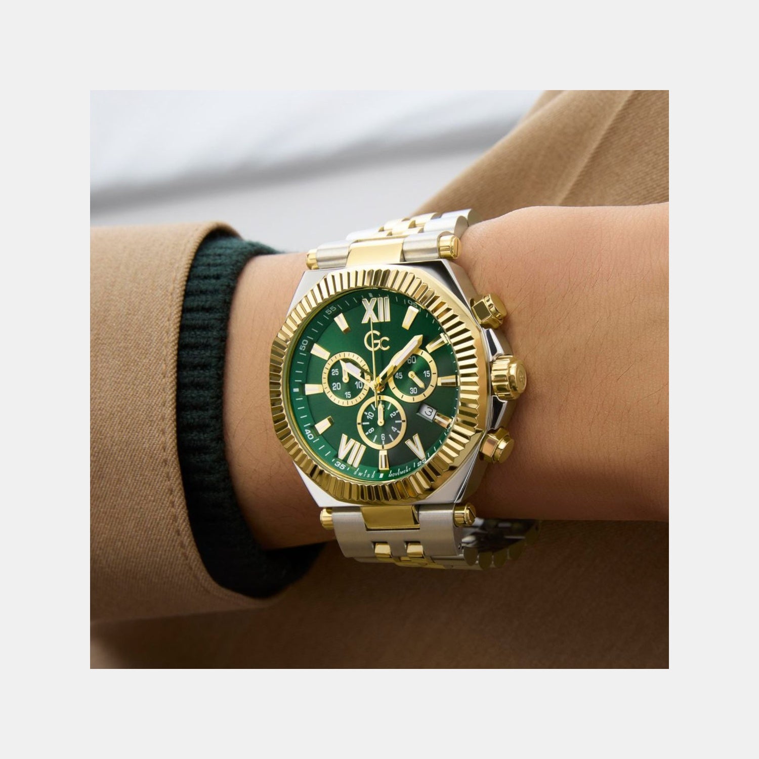 Gc Atlas Men Quartz Green Dial Chronograph Stainless Steel Watch Z66003G9