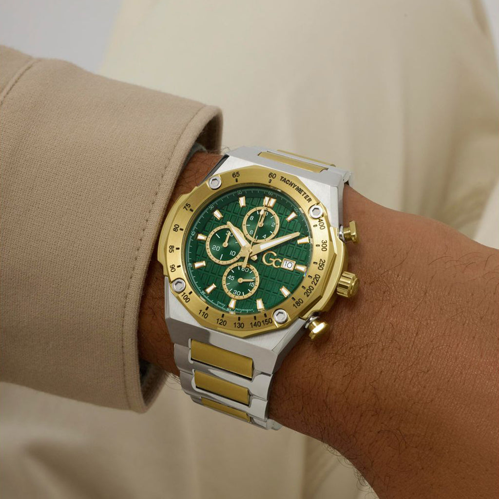 Gc Sportchic Men Quartz Green Dial Chronograph Stainless Steel Watch Z68006G9