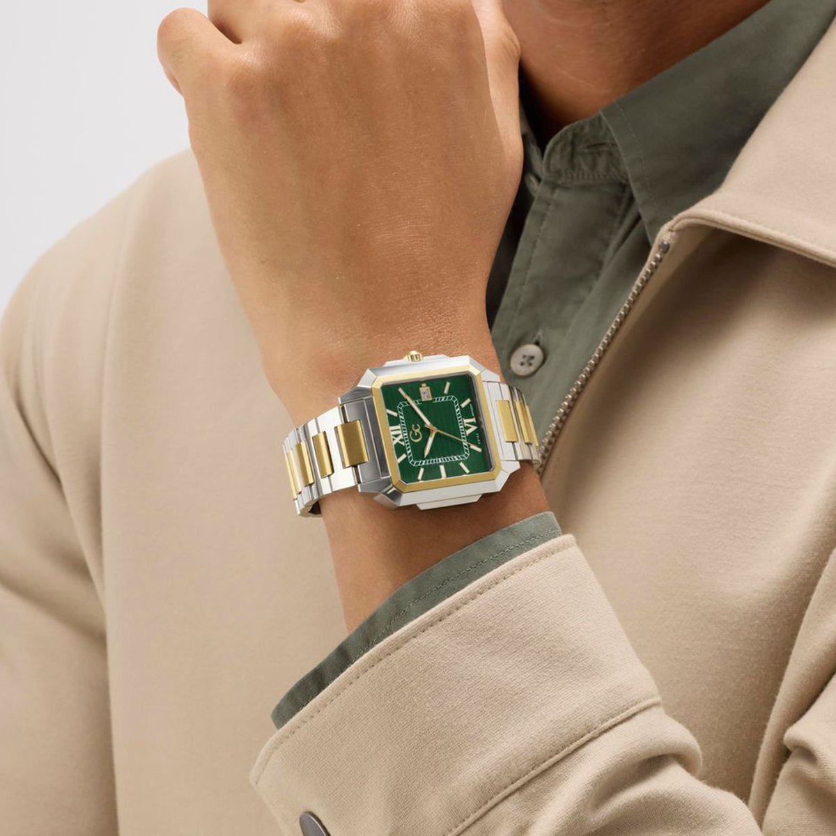 Squarecut Men Quartz Green Dial Analog Stainless Steel Watch Z74004G9