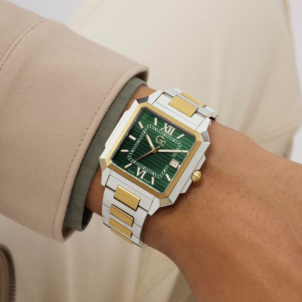 Squarecut Men Quartz Green Dial Analog Stainless Steel Watch Z74004G9