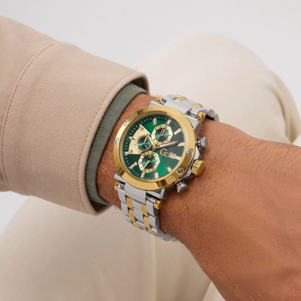 Gc Sportchic Men Quartz Green Dial Chronograph Stainless Steel Watch Z75003G9
