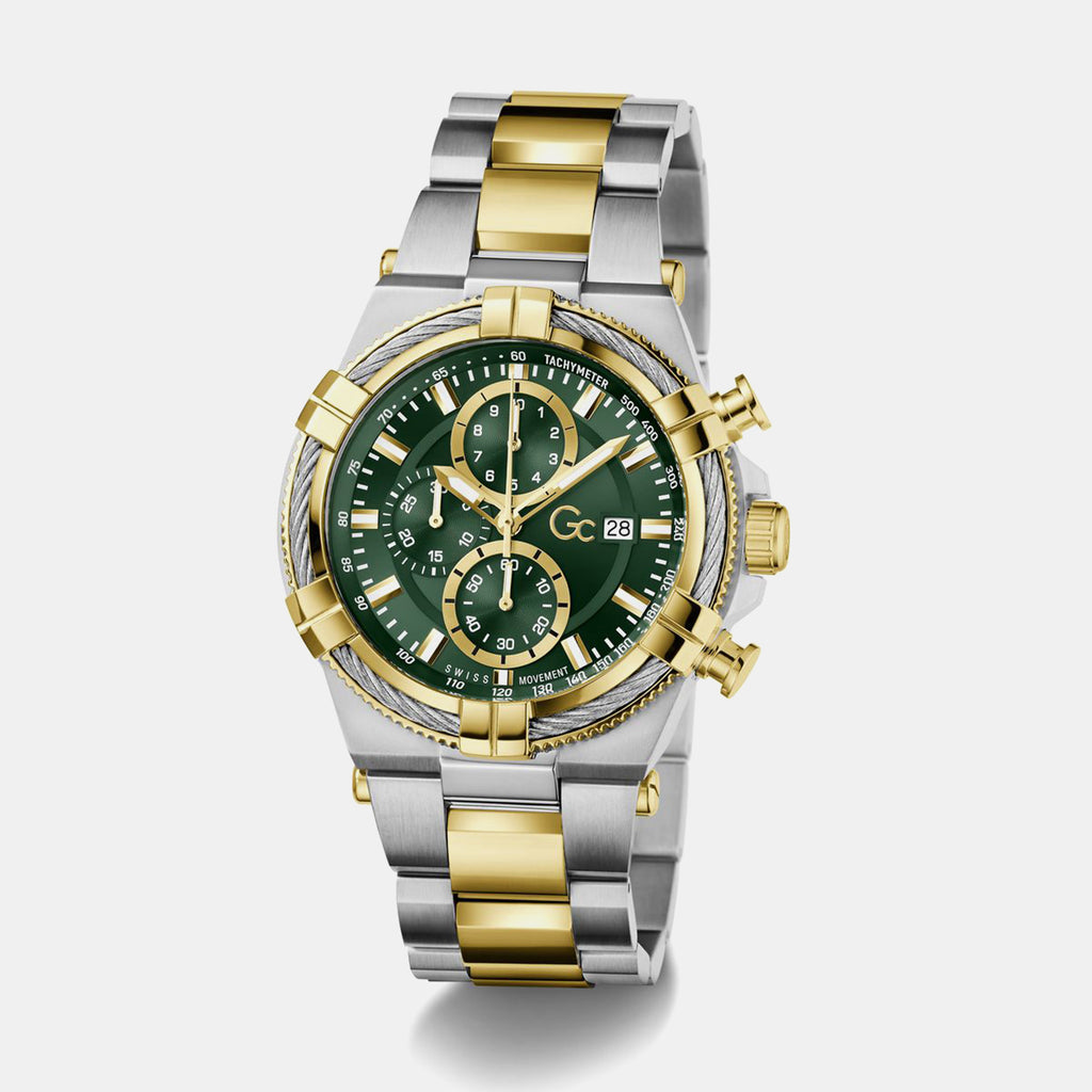 Gc Sportchic Men Quartz Green Dial Chronograph Stainless Steel Watch Z76002G9