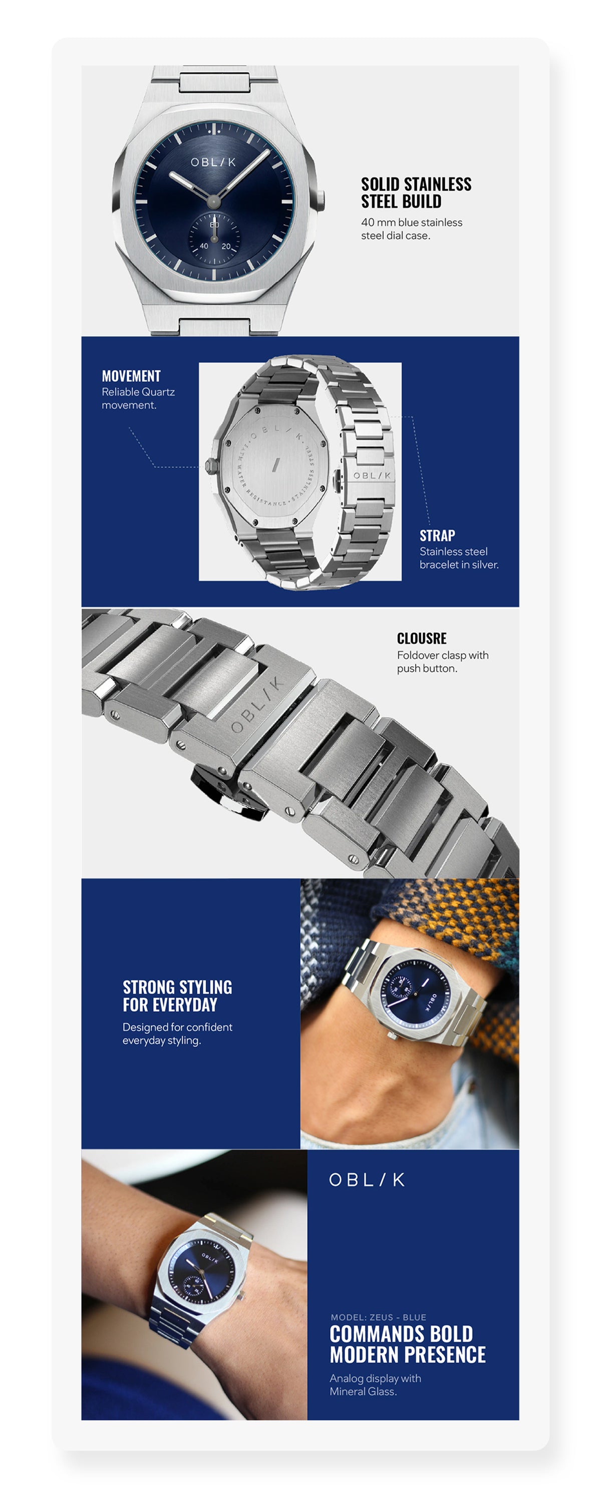 Zeus Men Quartz Blue Dial Analog Stainless Steel Watch ZEUS BLUE