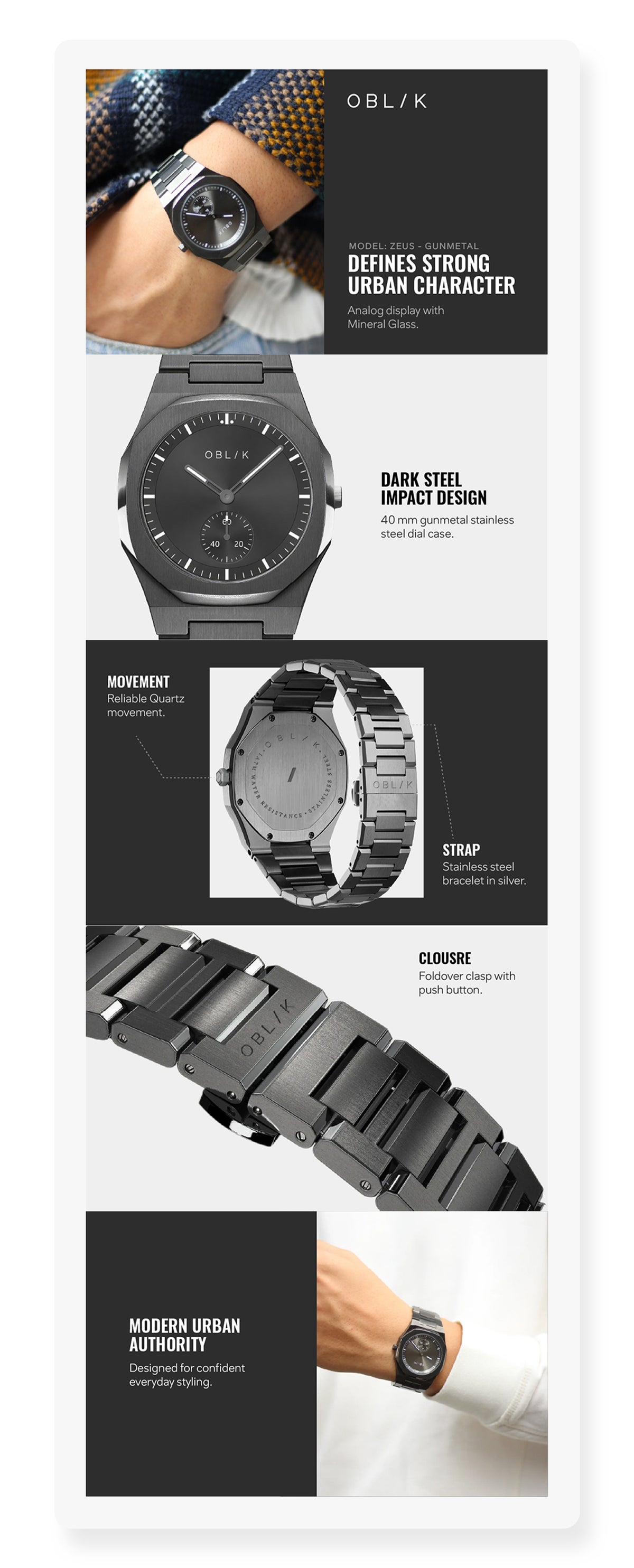Zeus Men Quartz Grey Dial Analog Stainless Steel Watch ZEUS-GUNMETAL