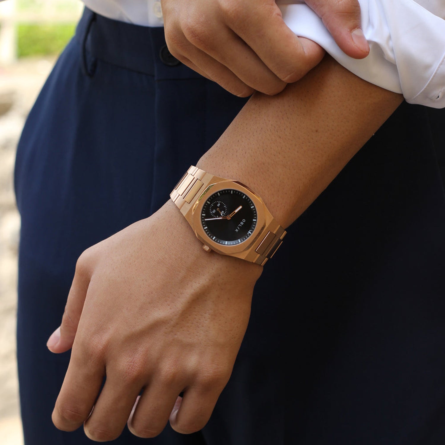 Men Quartz Black Dial Analog Stainless Steel Watch Zeus-Rose Gold