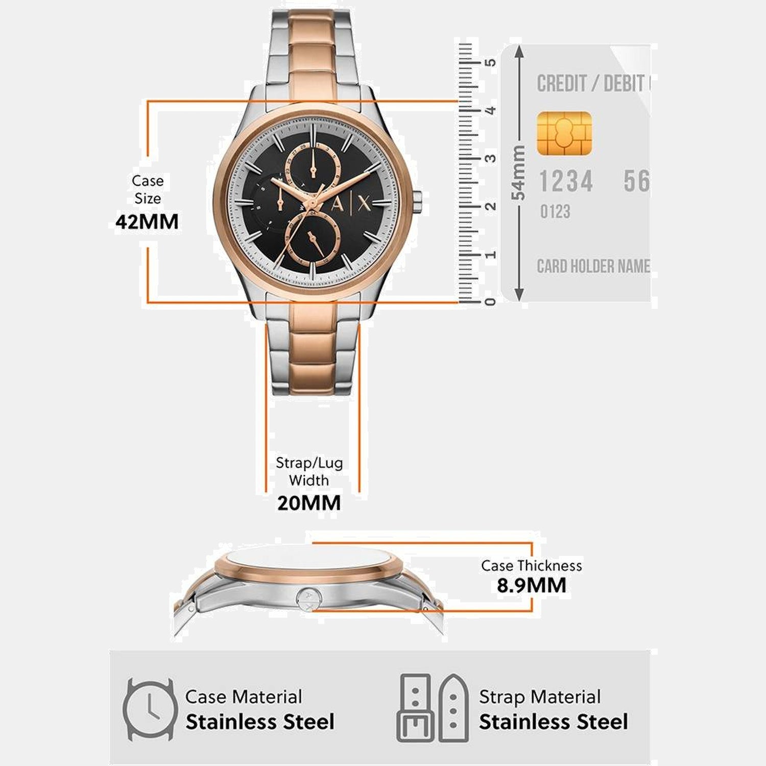 Dante Men Quartz Black Dial Multi-Function Stainless Steel Watch AX1882