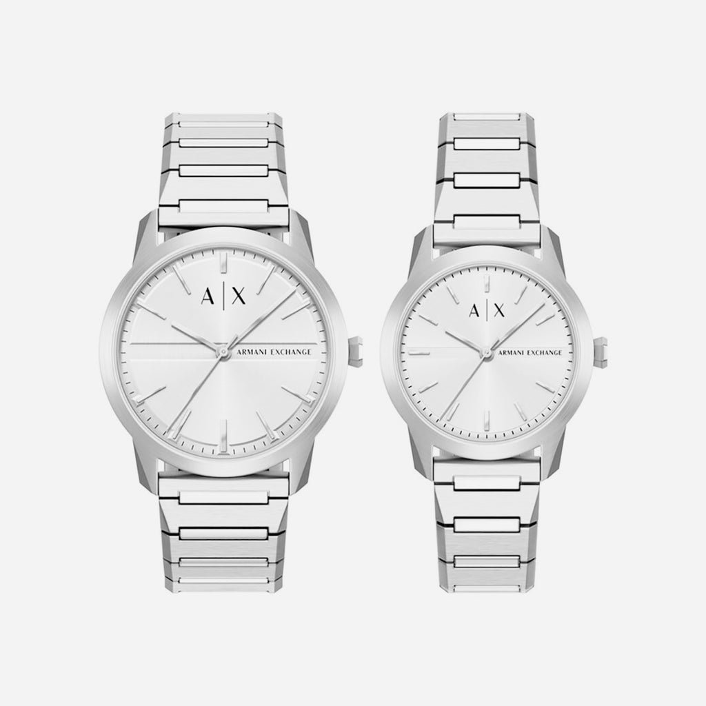 Couple Quartz Silver Dial Analog Stainless Steel Watch AX7180SET