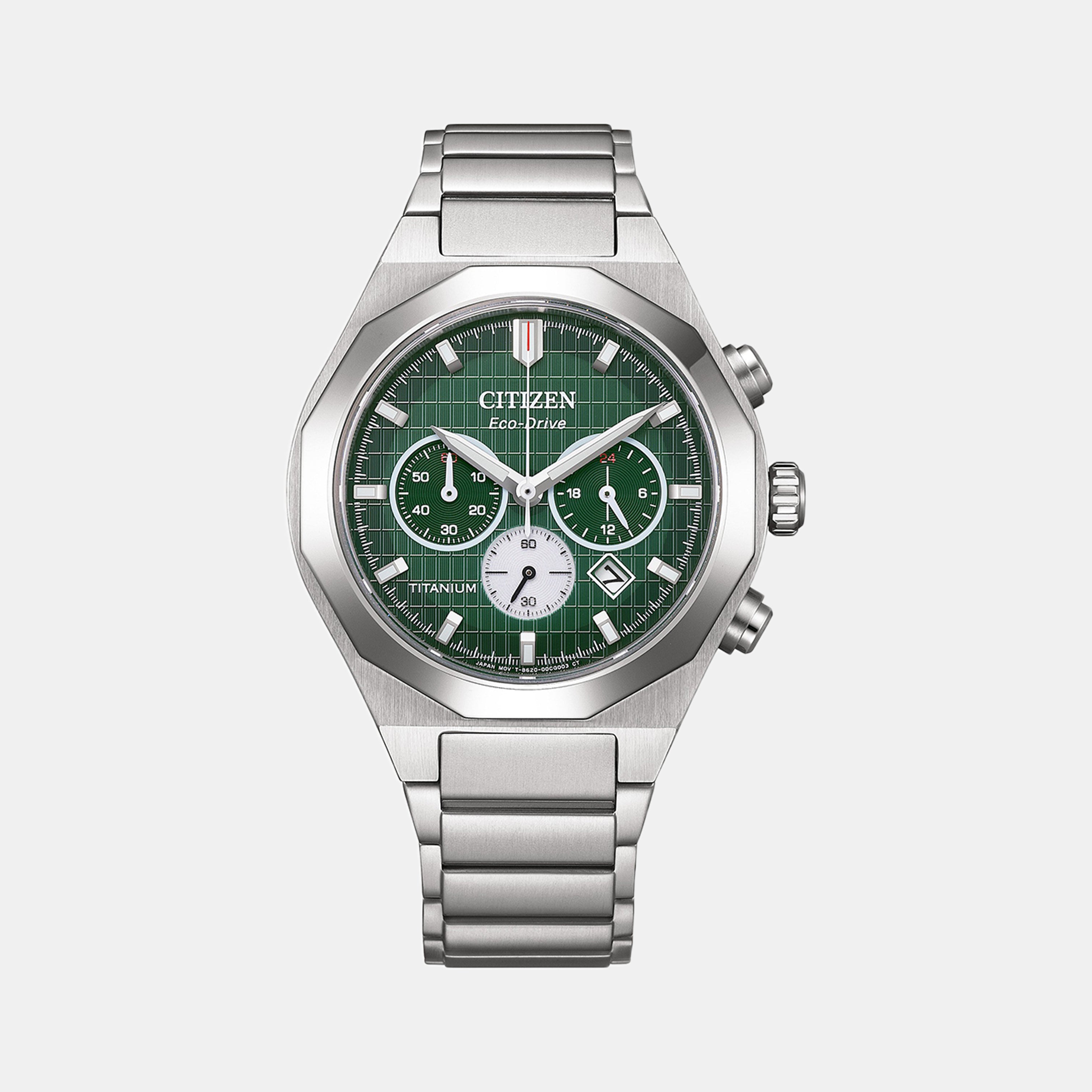 Zenshin Men Eco-Drive Green Dial Chronograph Titanium Watch CA4691-59X