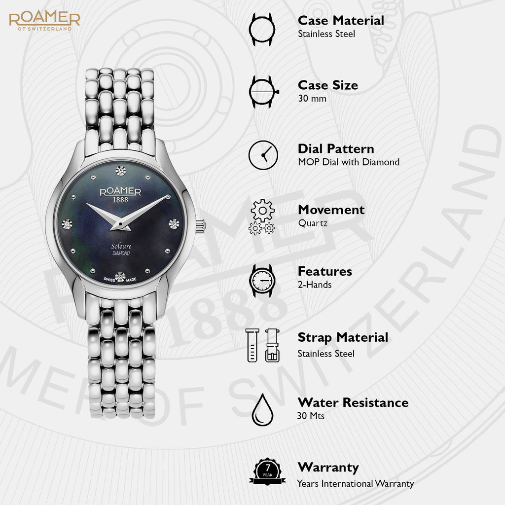 Soleure Women Quartz Black Mother Of Pearl Dial Analog Stainless Steel Watch 547857 41 85 50