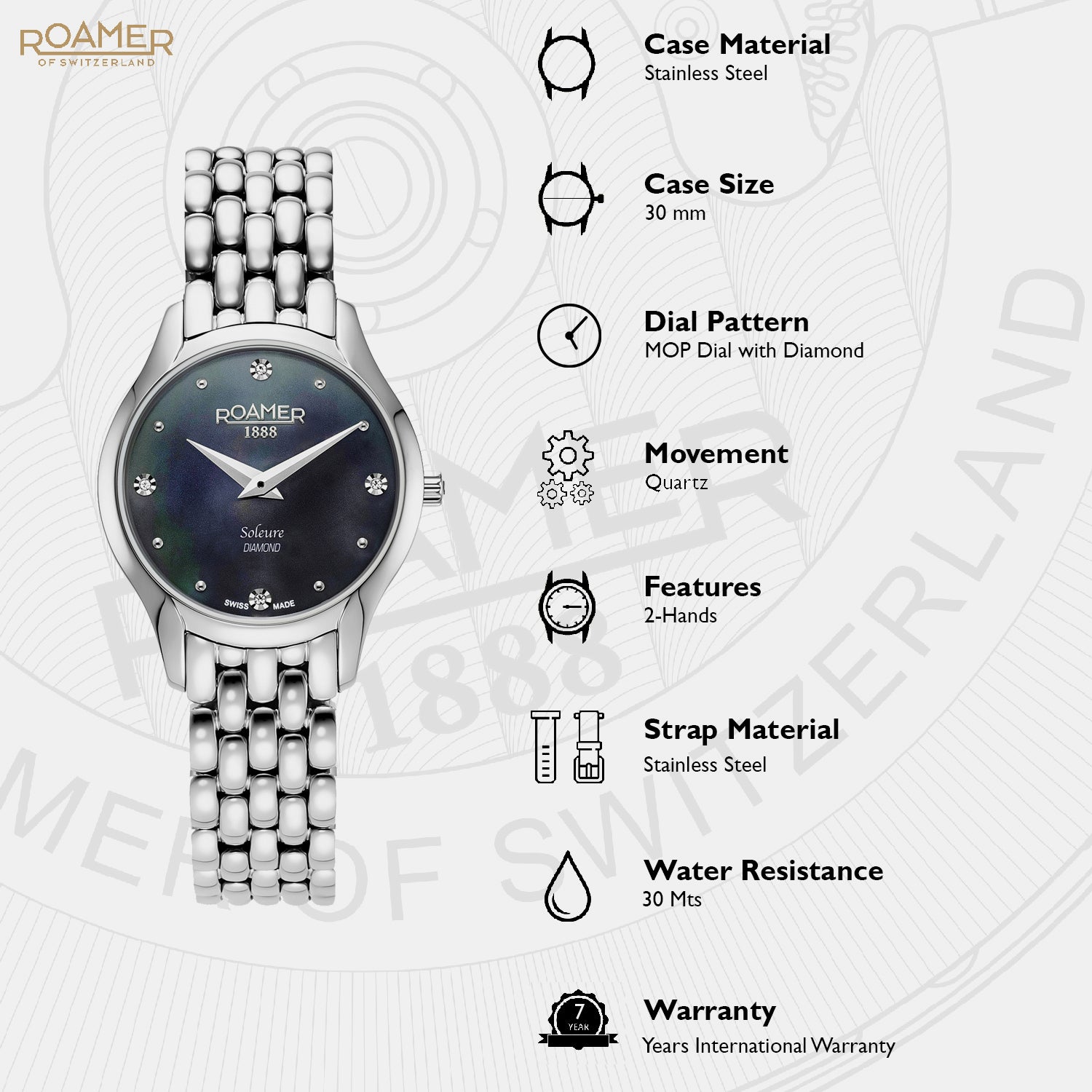 Soleure Women Quartz Black Mother Of Pearl Dial Analog Stainless Steel Watch 547857 41 85 50