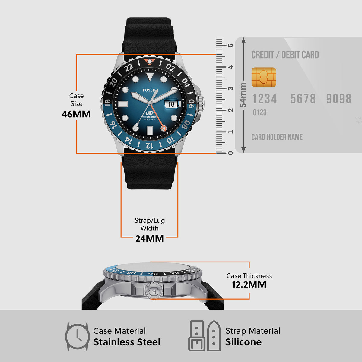 Fossil Silicone Black, Blue watch