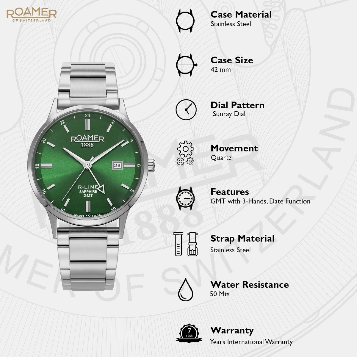 R-Line Men Quartz Green Dial Analog Stainless Steel Watch 990987 41 75 05