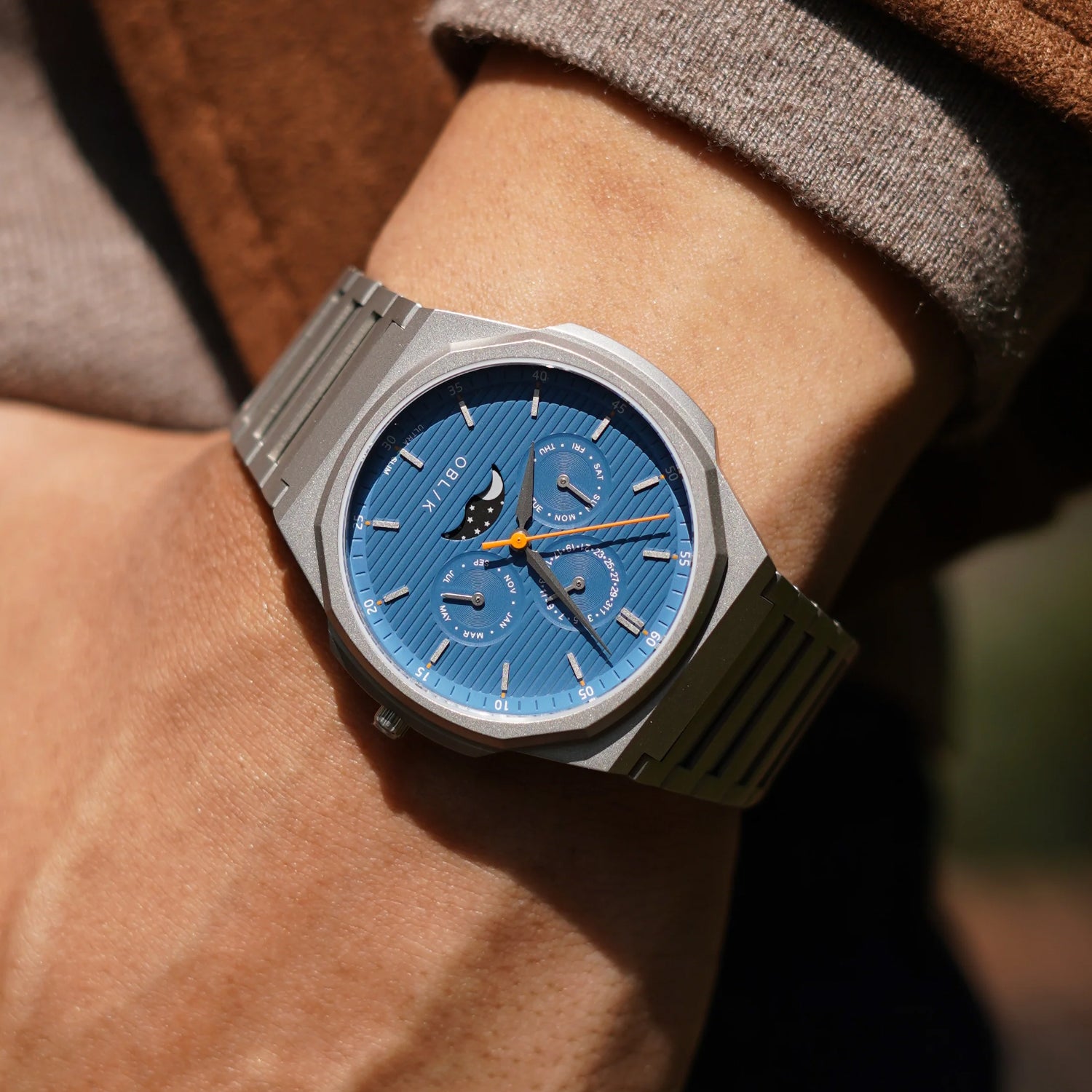 Moonphase Men Quartz Blue Dial Multi-Function Stainless Steel Watch BLADE LUNAR CALENDAR-SL