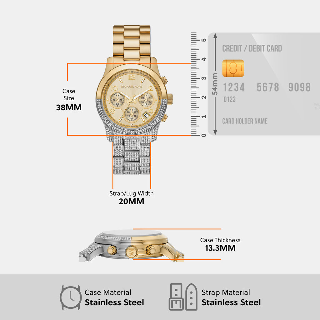 Mk7329 Michael Kors Runway Women Quartz Gold Dial Chronograph Stainless Steel ...