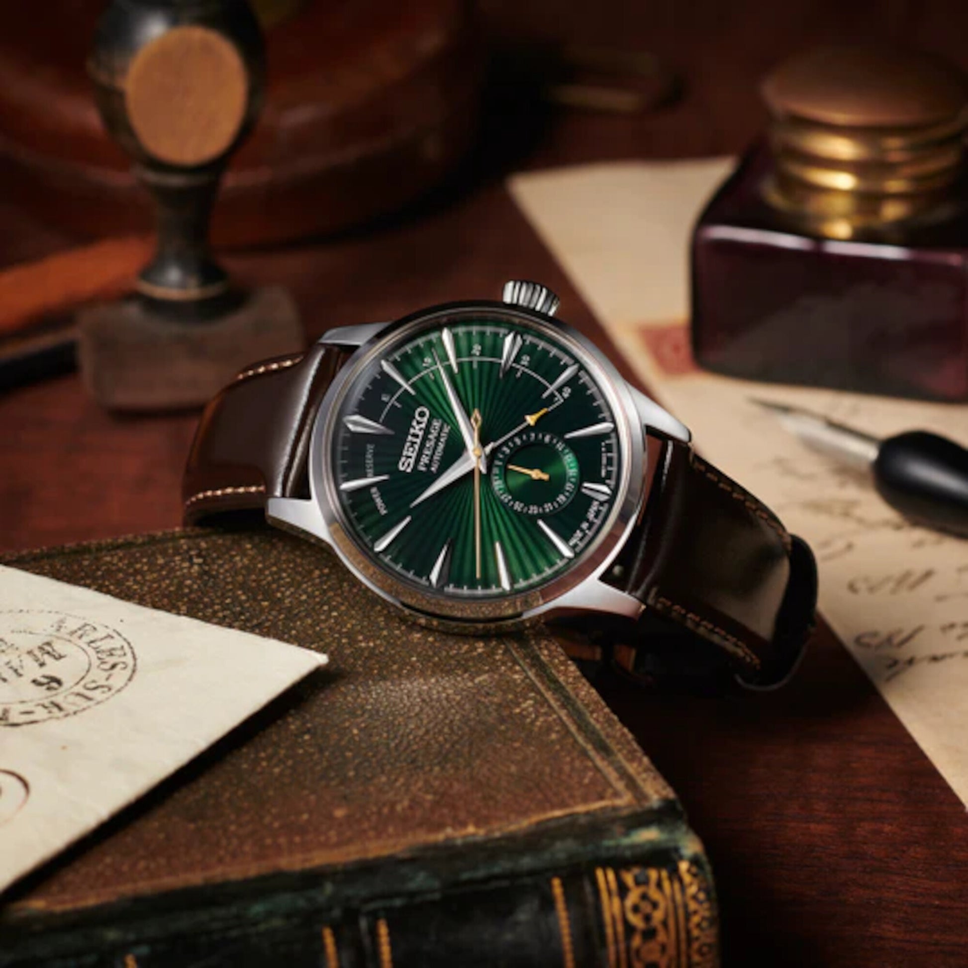 Presage Men Automatic Green Dial Analog Leather Watch SSA459J1