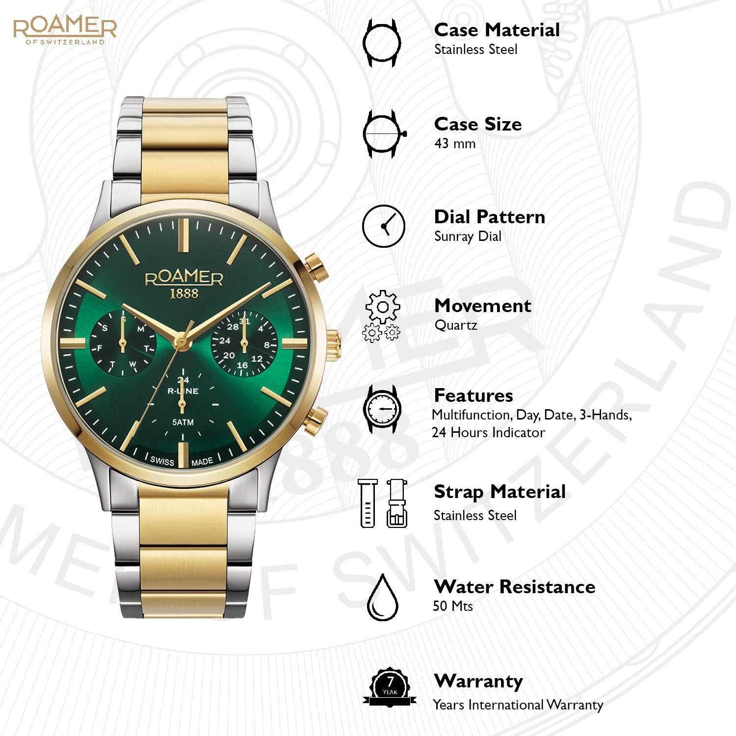 R-Line Men Quartz Green Dial Analog Stainless Steel Watch 718982 48 75 70