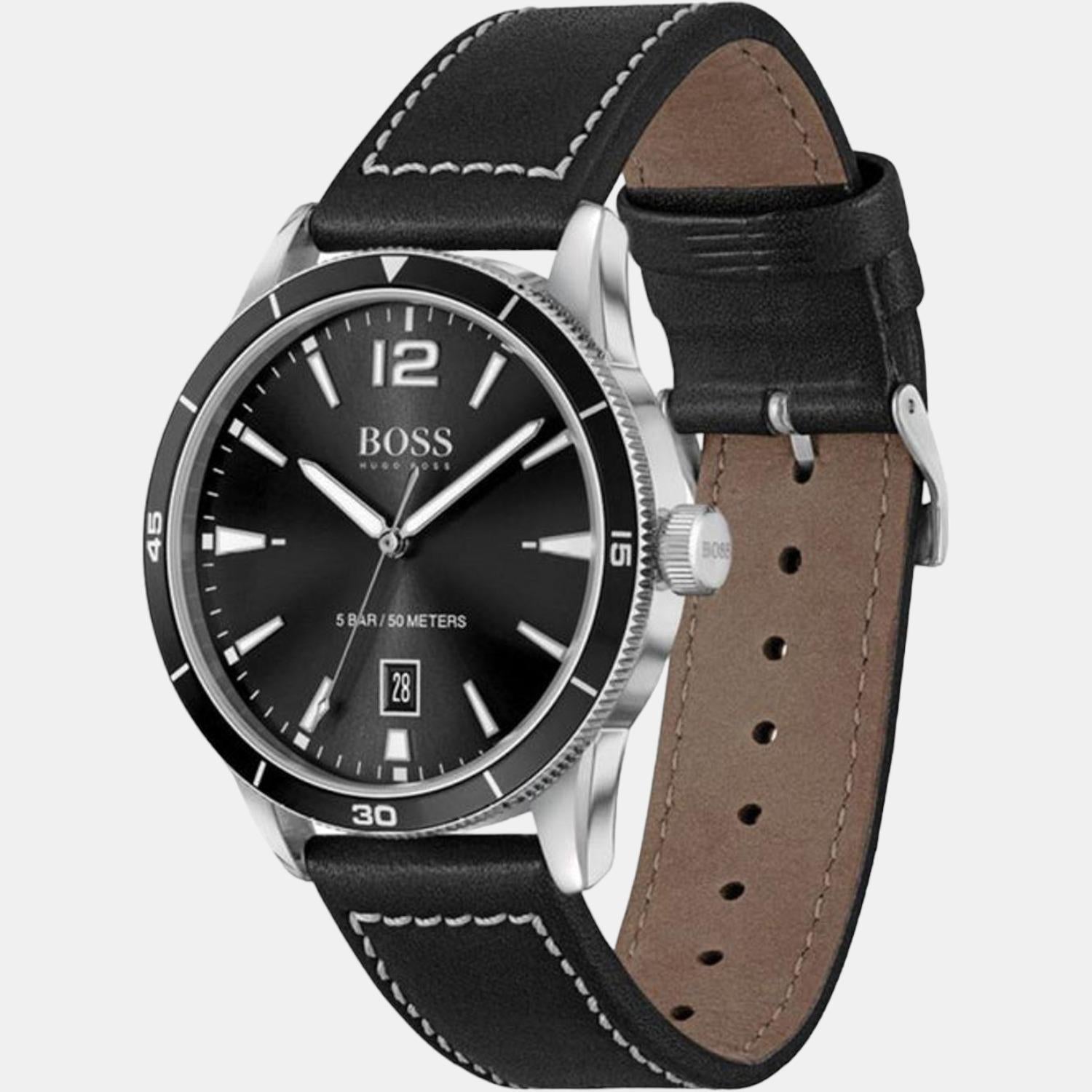 Boss Male Black Analog Leather Watch Boss Just In Time