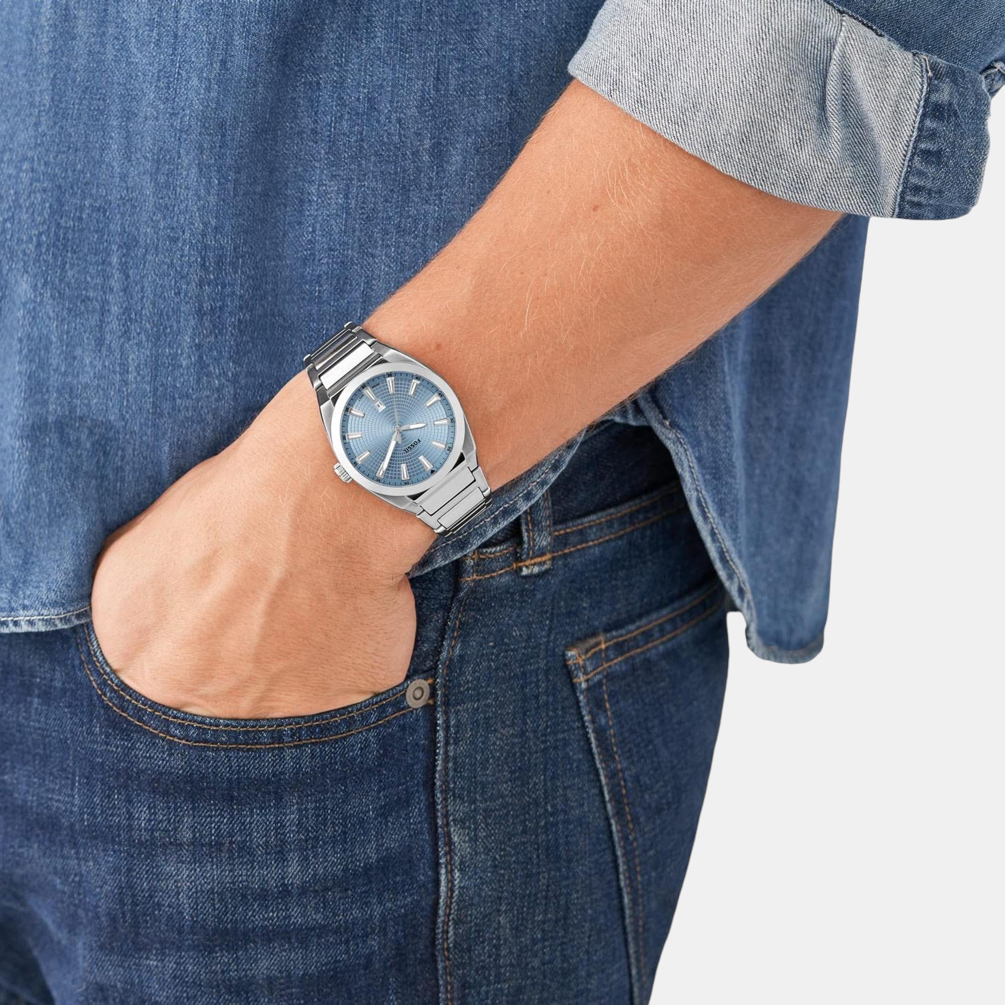 Everett Men Quartz Blue Dial Analog Stainless Steel Watch FS5986