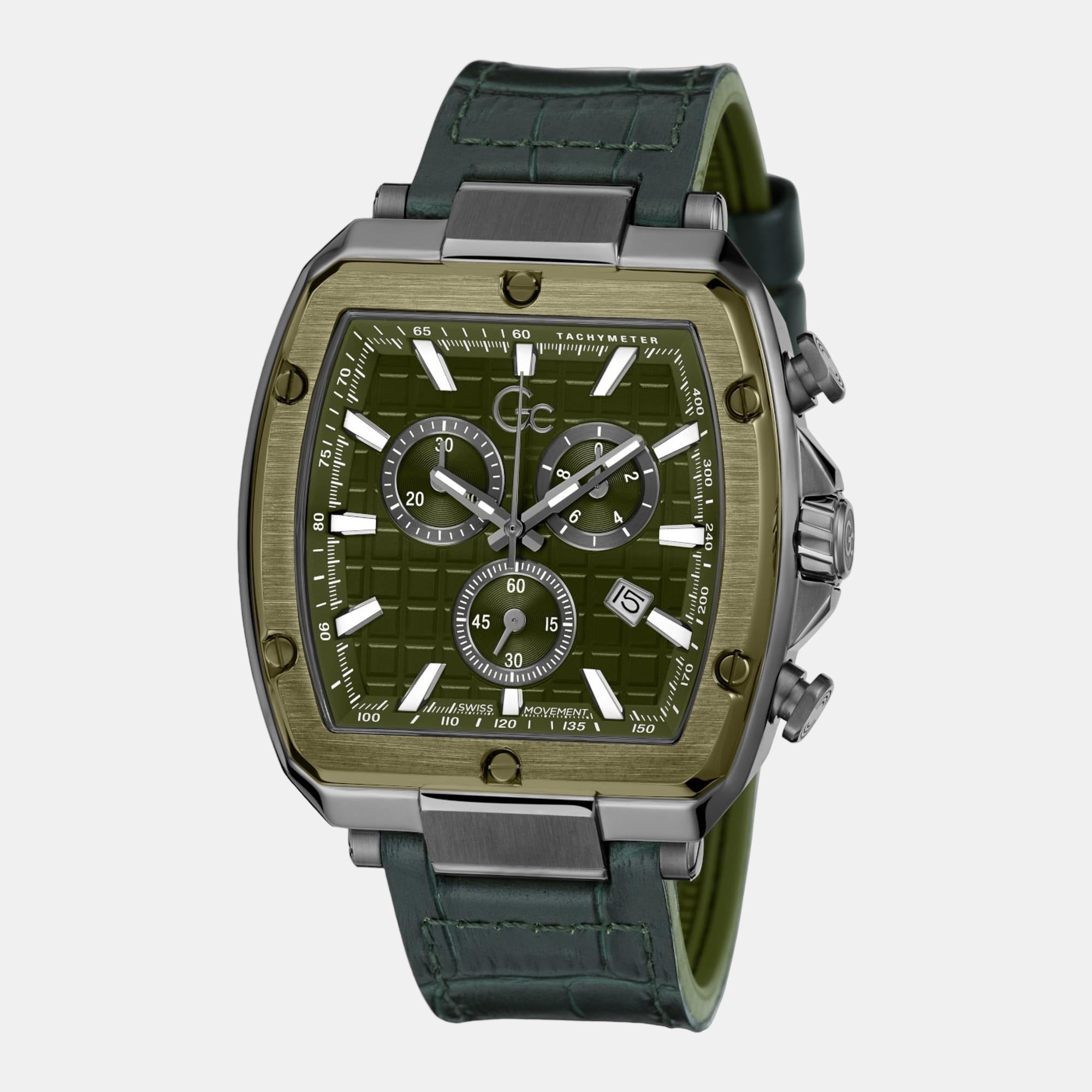 Men Quartz Green Dial Chronograph Leather Watch Y83011G9MF