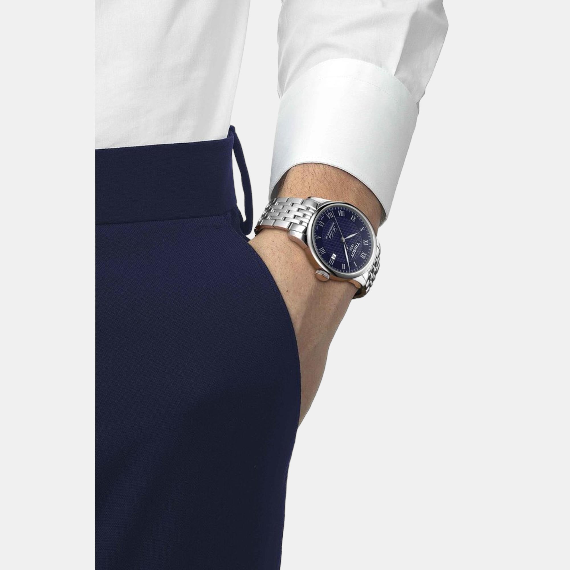 Le Locle Men Automatic Blue Dial Analog Stainless Steel Watch T0064071104300