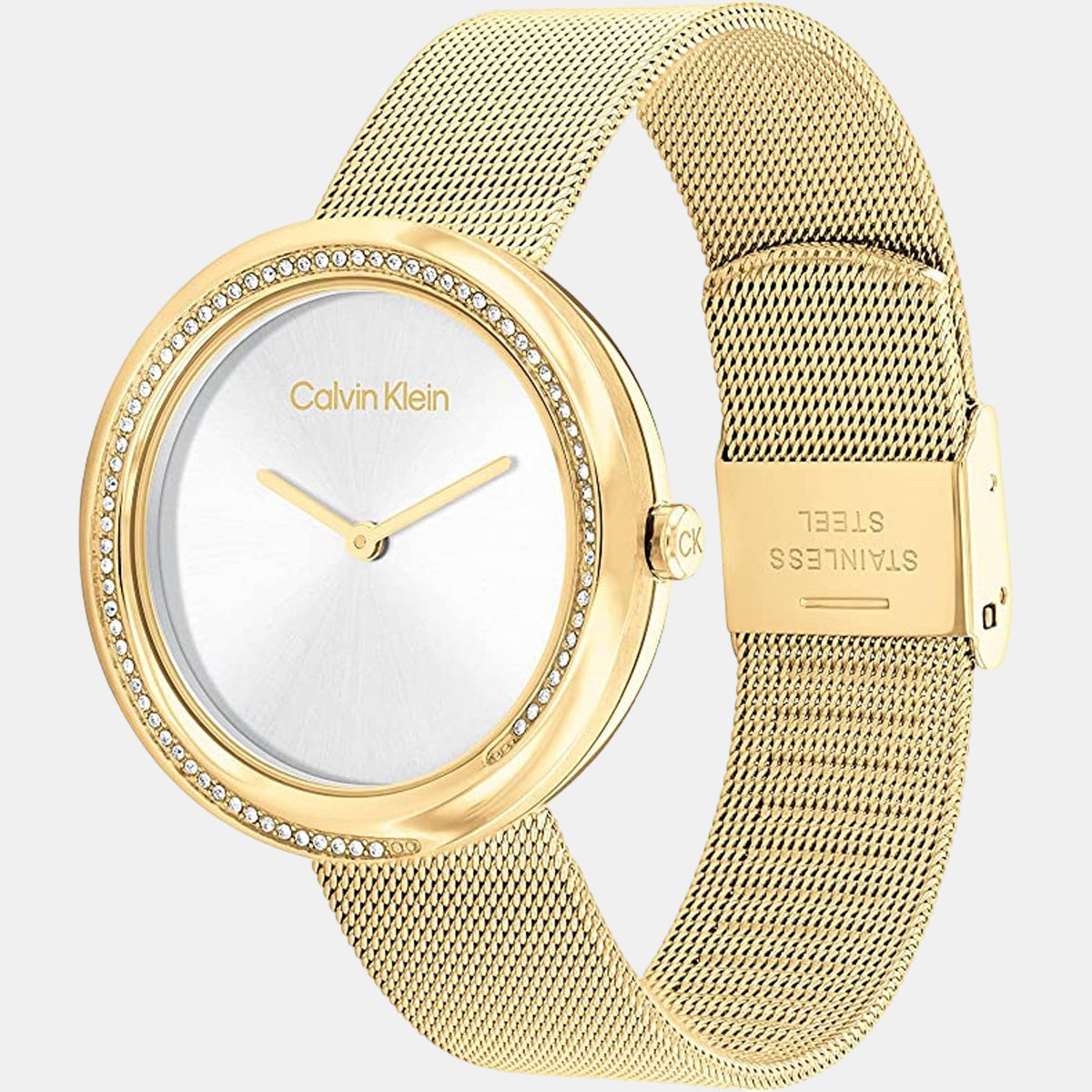 Twisted Bezel Women Quartz Silver Dial Analog Mesh Watch 25200150