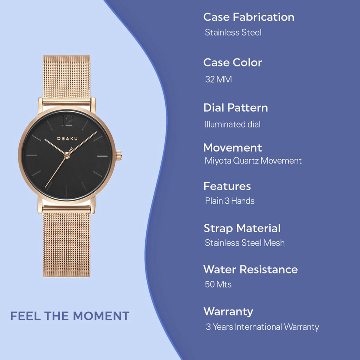 Obaku 42 mm Rose Gold Quartz watch